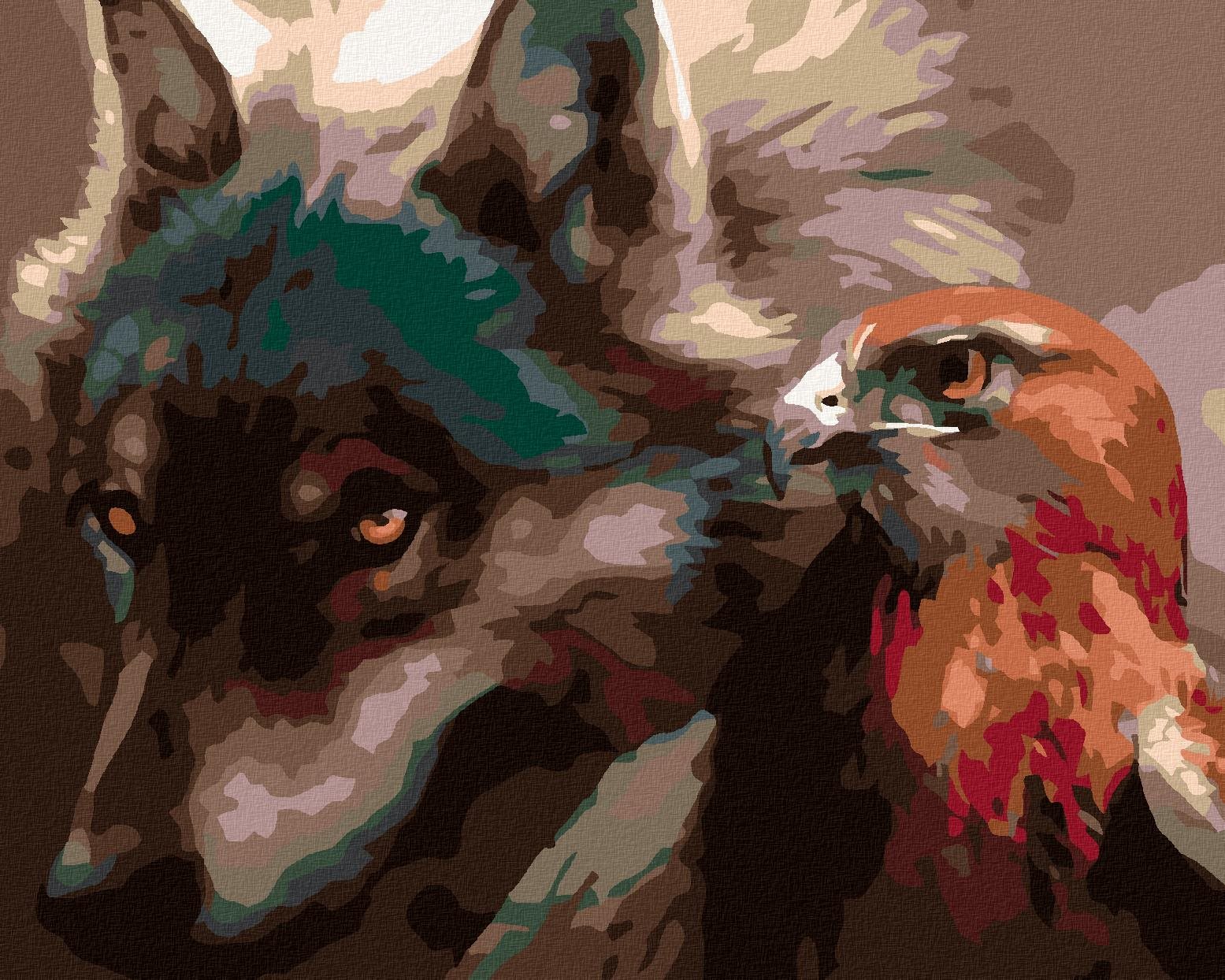 Malování podle čísel - Vlk s dravcem, 50x40 cm, bez rámu a bez vypnutí plátna