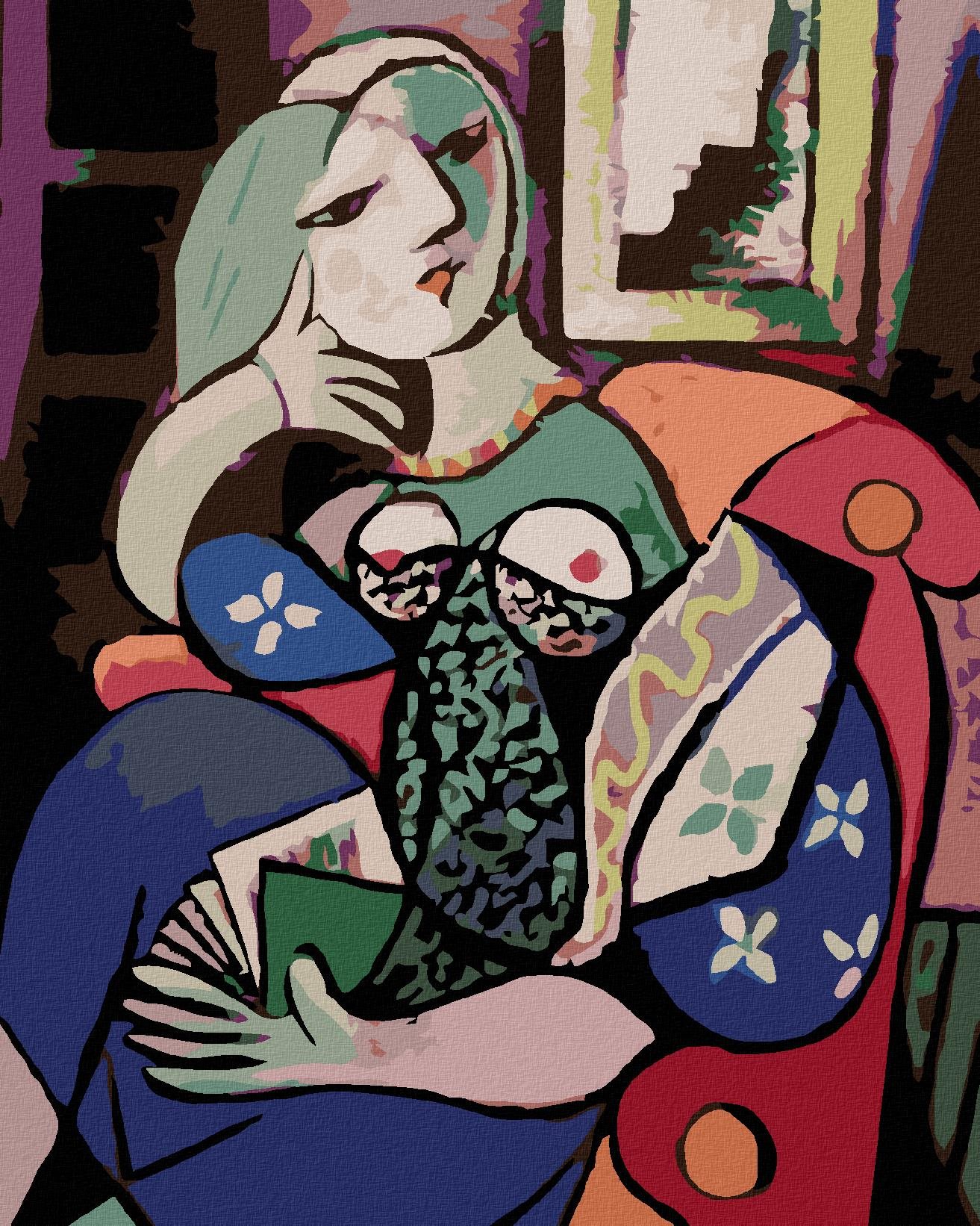 Malování podle čísel - Žena s knihou v obývacím pokoji, 40x50 cm, vypnuté plátno na rám