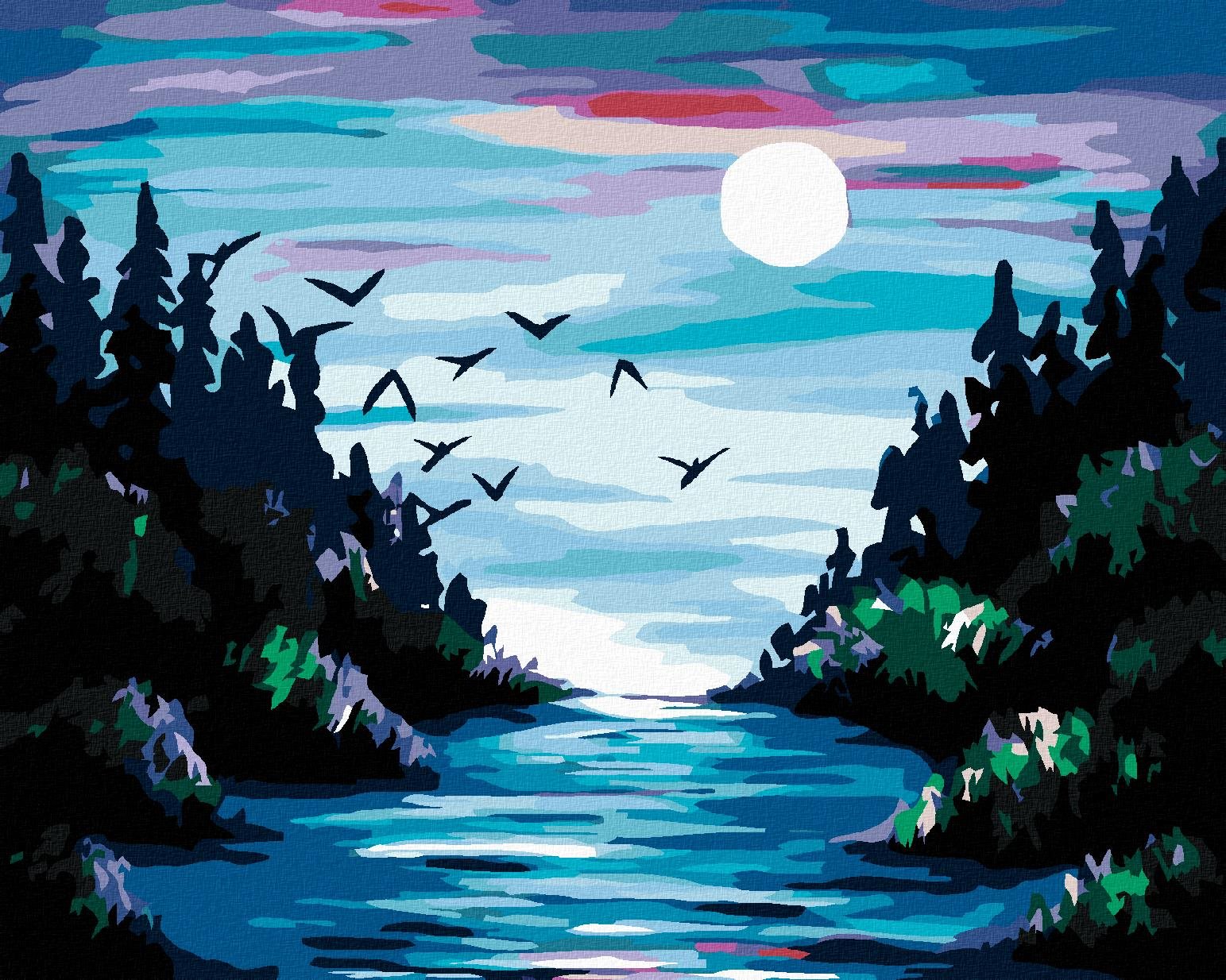 Malování podle čísel - Měsíc nad řekou, 50x40 cm, bez rámu a bez vypnutí plátna
