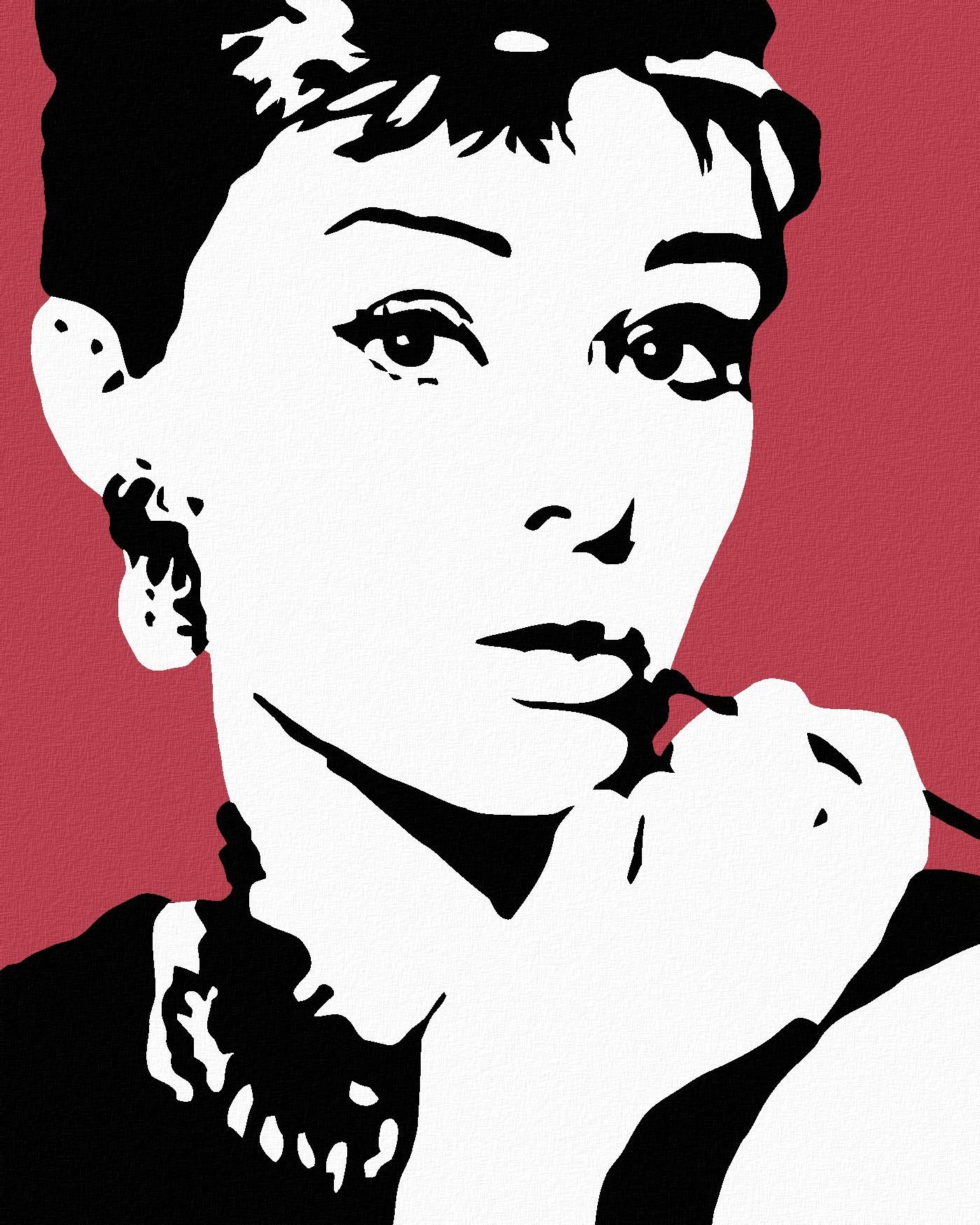 Malování podle čísel - Audrey Hepburn na červeném pozadí, 80x100 cm, bez rámu a bez vypnutí plátna