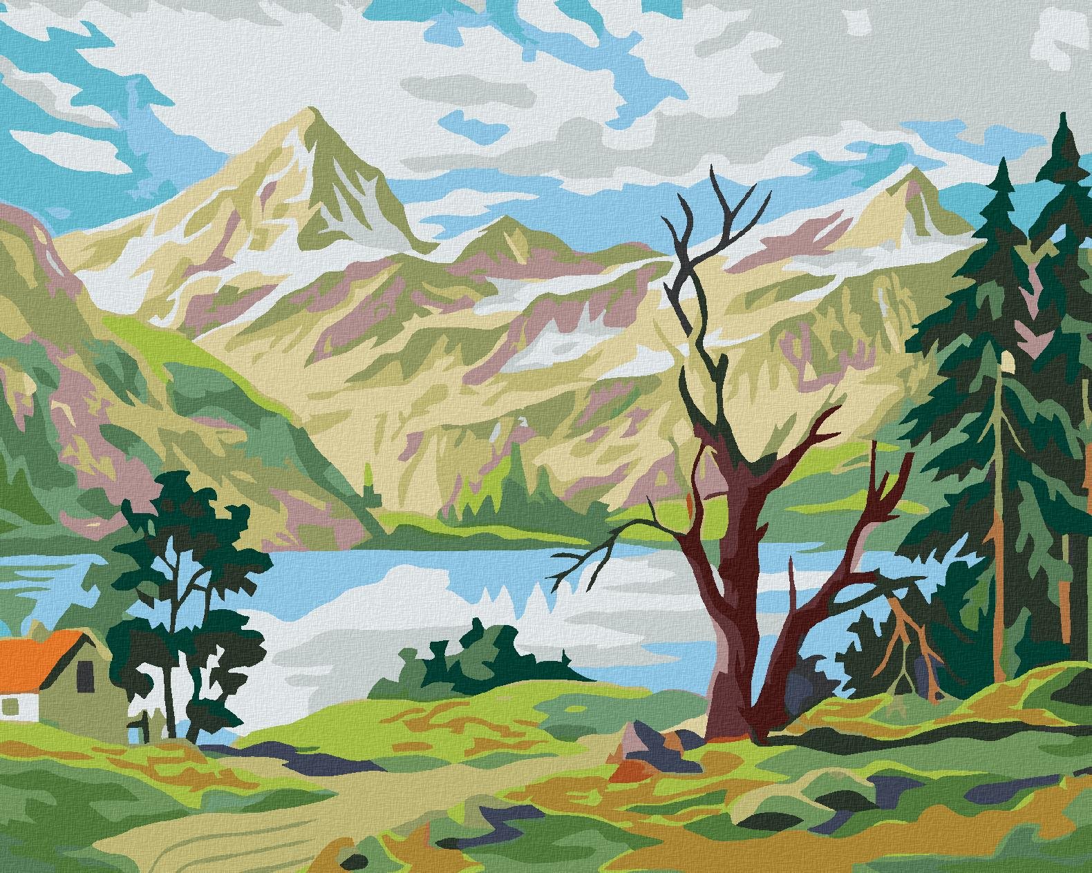 Malování podle čísel - Bydlení pod horami, 100x80 cm, bez rámu a bez vypnutí plátna