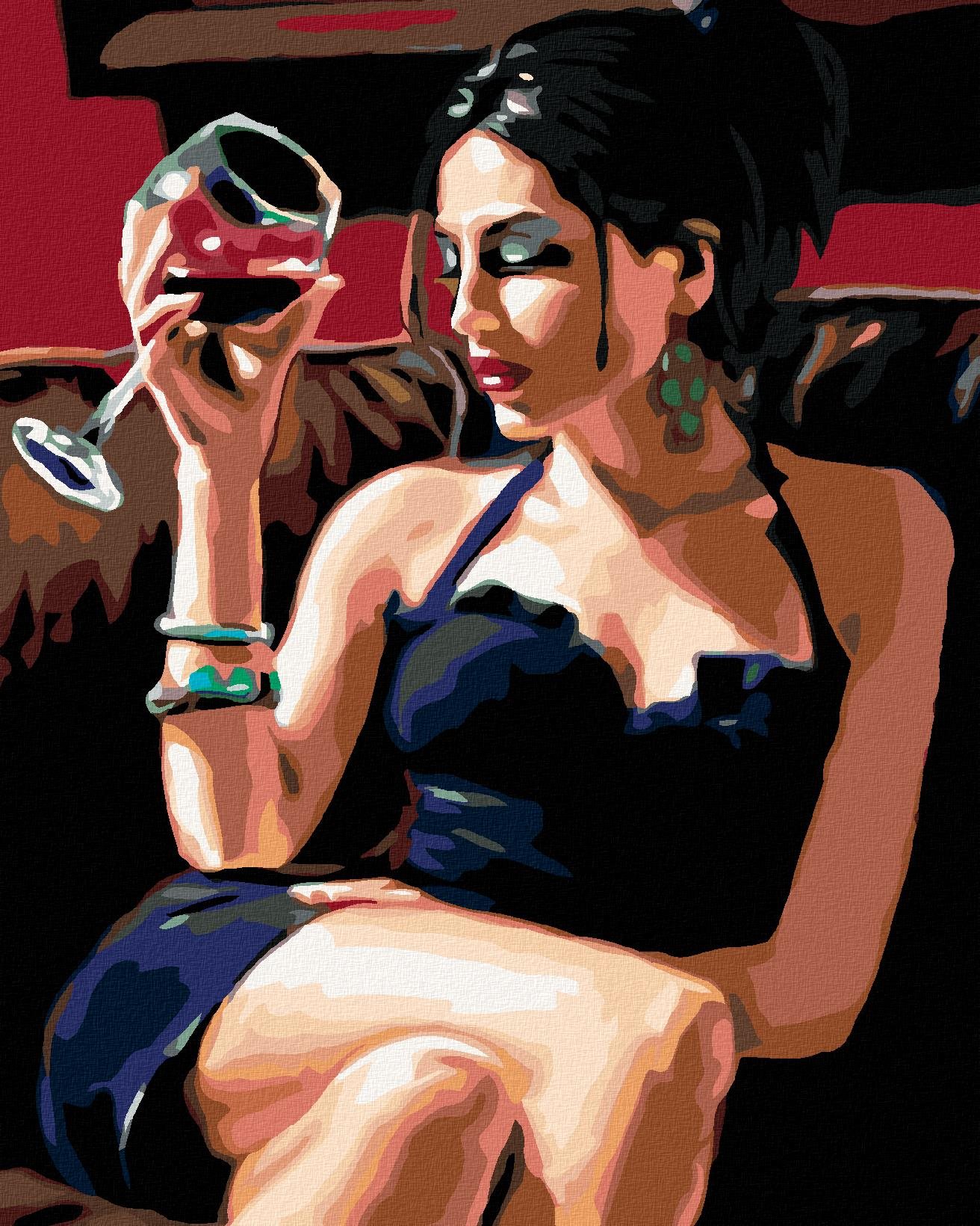 Malování podle čísel - Svůdná se sklenkou vína, 80x100 cm, bez rámu a bez vypnutí plátna