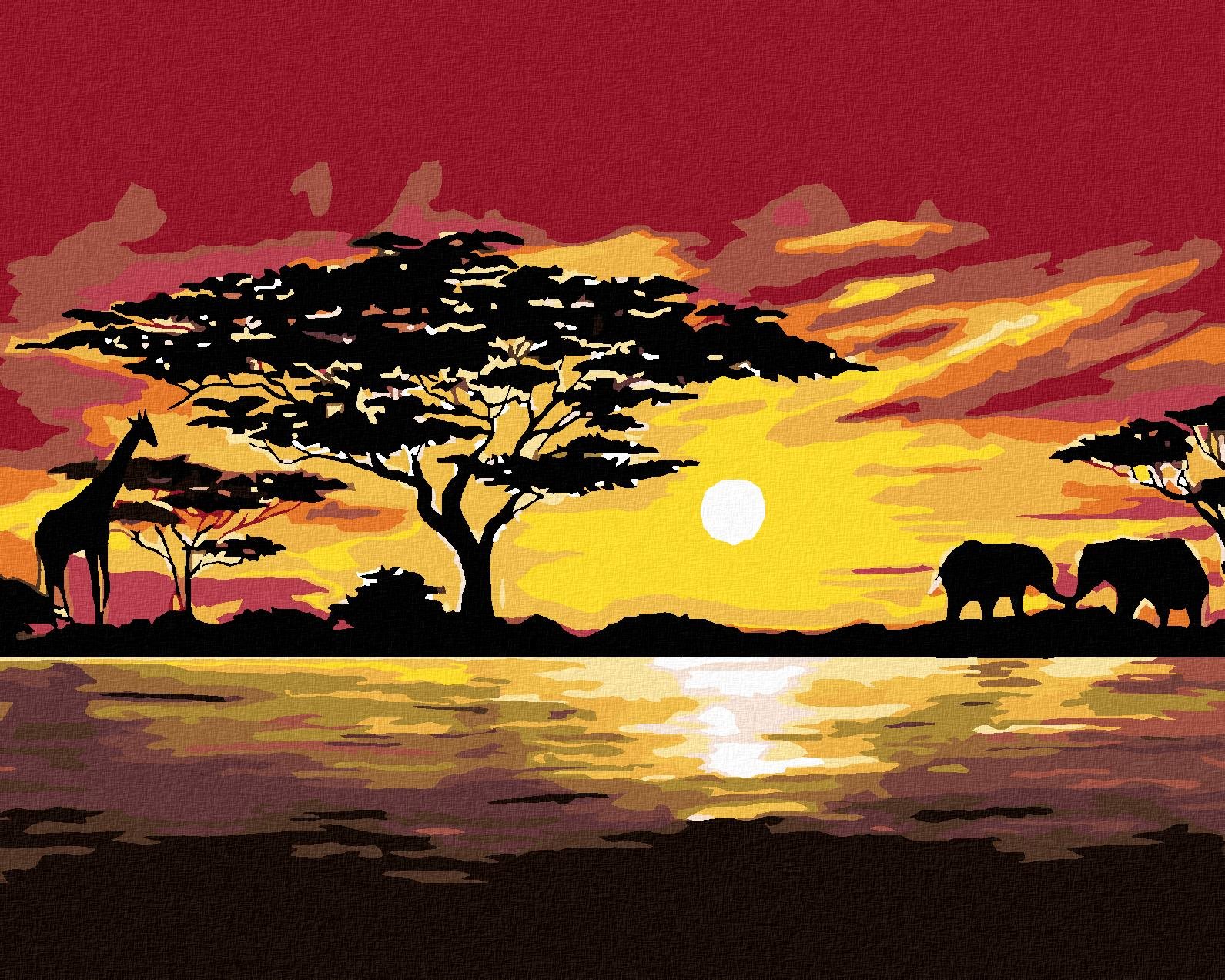 Malování podle čísel - Afrika žirafa a sloni, 100x80 cm, bez rámu a bez vypnutí plátna