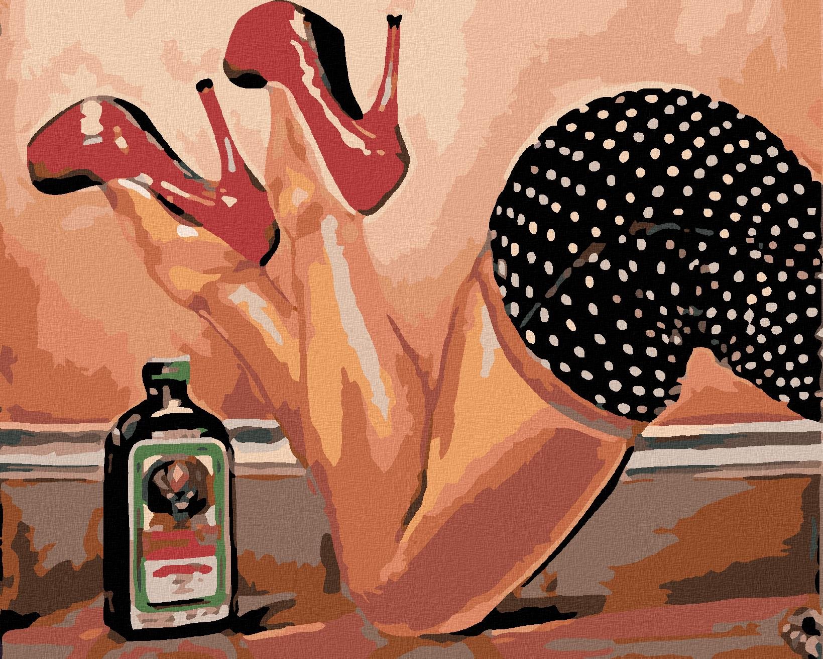 Malování podle čísel - Svůdné nohy a Jager, 100x80 cm, bez rámu a bez vypnutí plátna