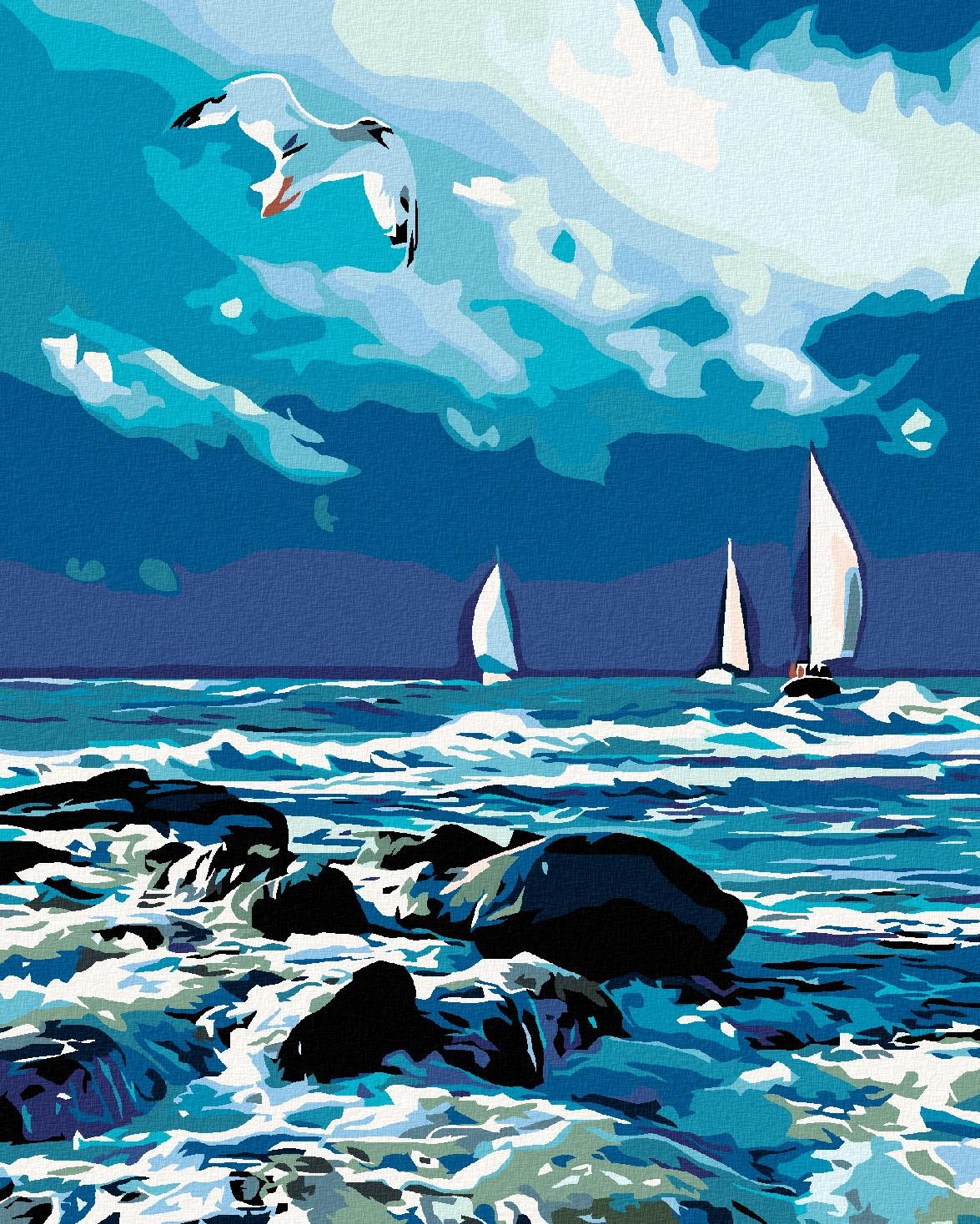 Malování podle čísel - Plachetnice na moři a letící racek, 40x50 cm, bez rámu a bez vypnutí plátna