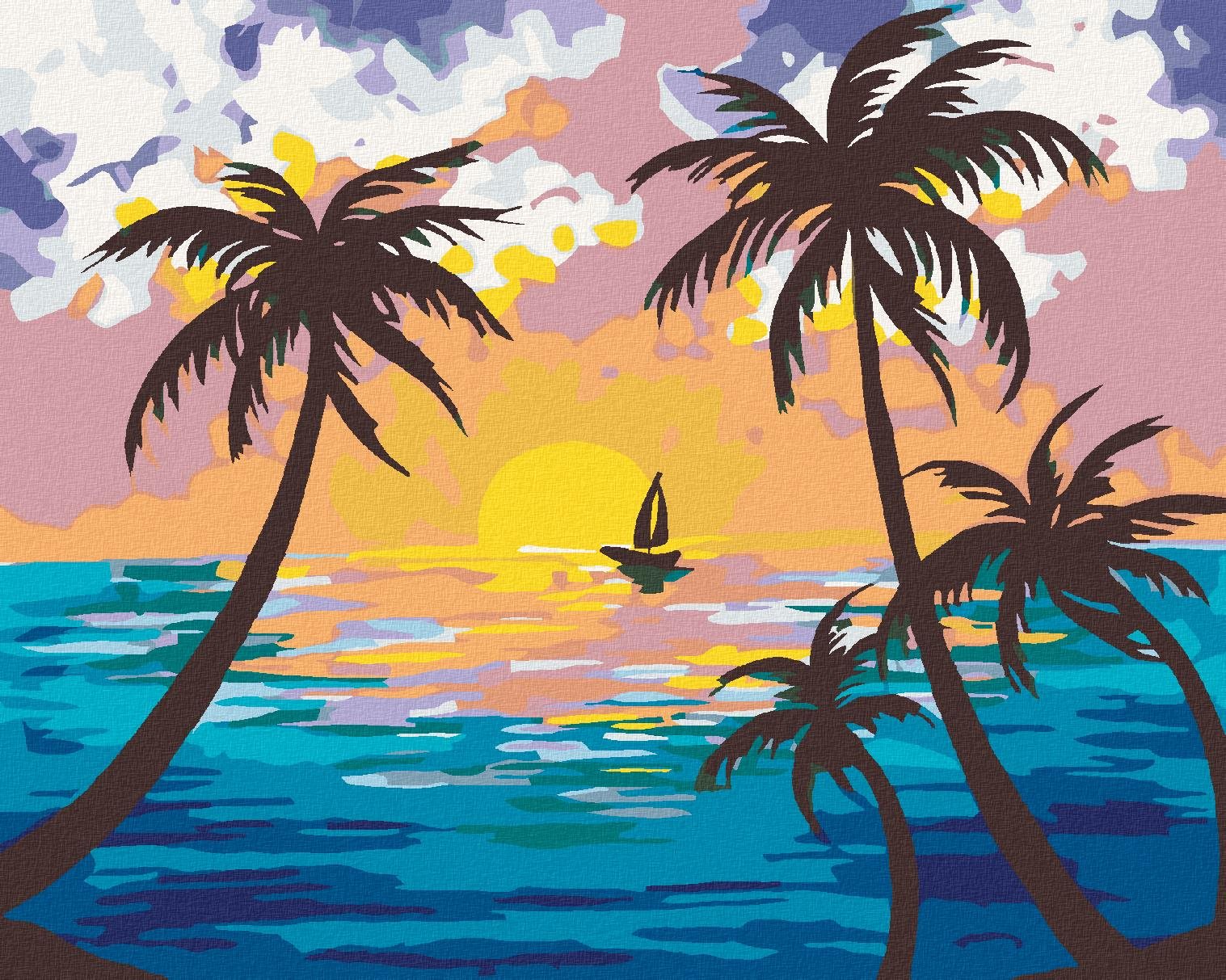 Malování podle čísel - Západ slunce za palmami, 50x40 cm, bez rámu a bez vypnutí plátna