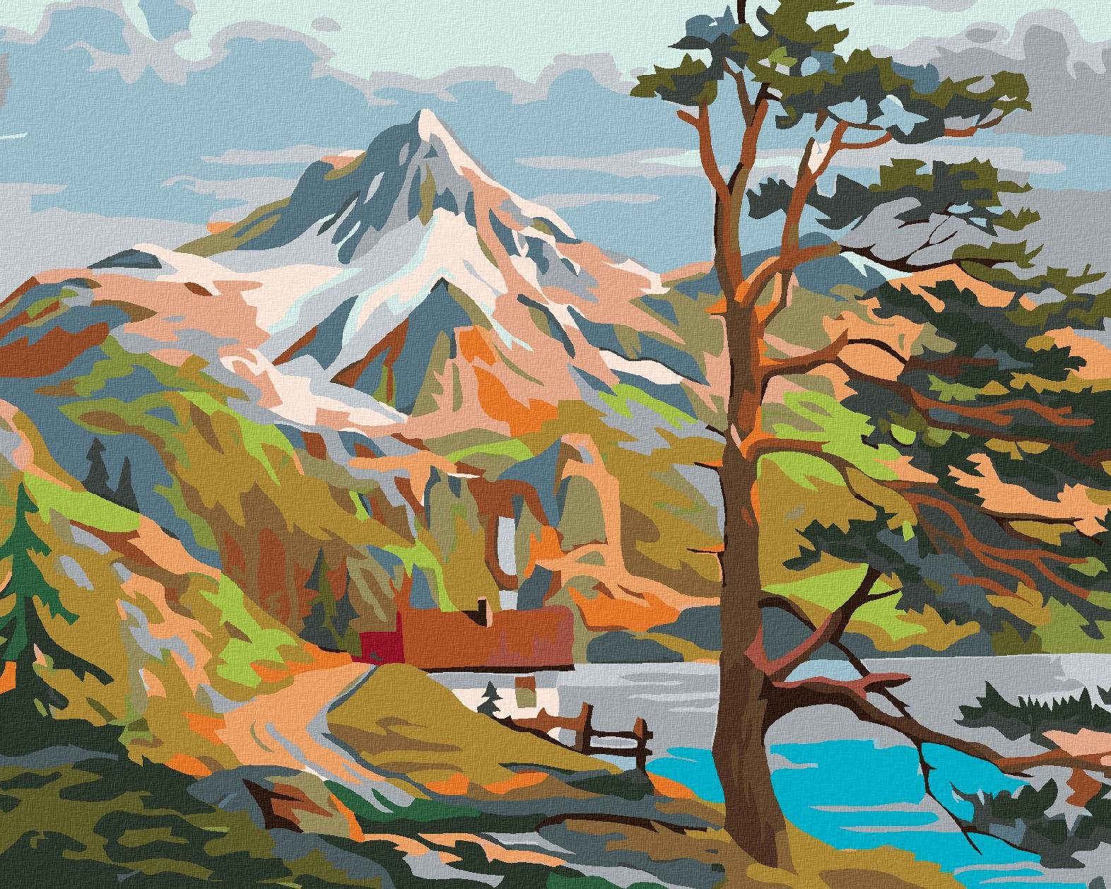 Malování podle čísel - Domek u jezera pod horami, 100x80 cm, bez rámu a bez vypnutí plátna