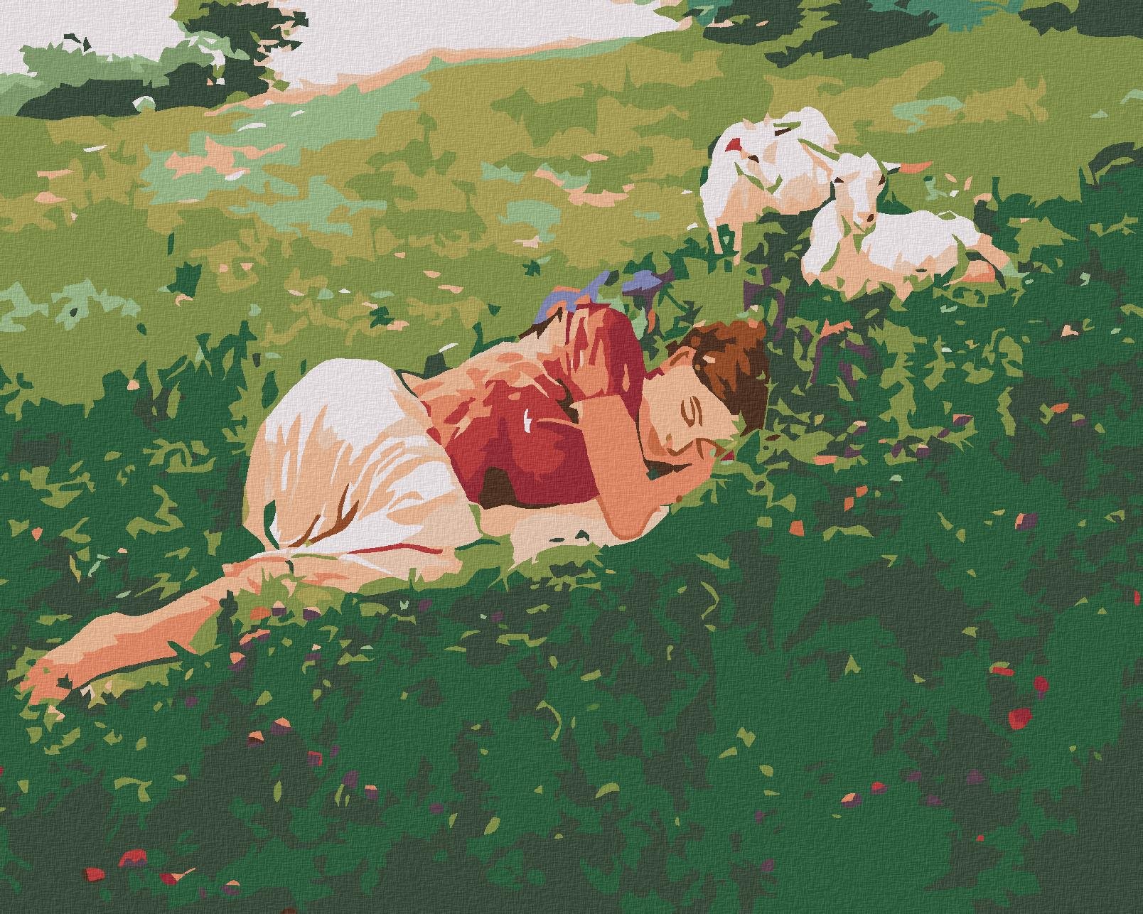 Malování podle čísel - Spící žena v trávě a kůzlata, 50x40 cm, bez rámu a bez vypnutí plátna