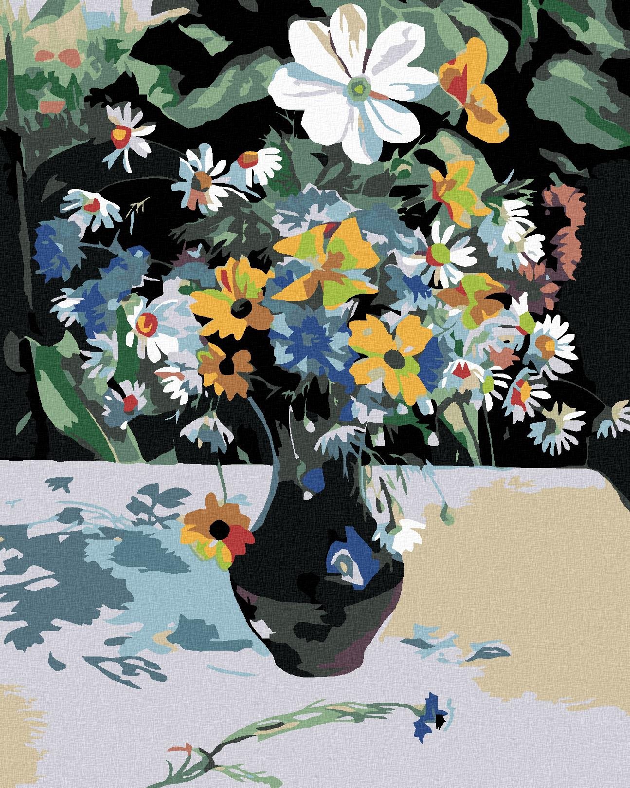 Malování podle čísel - Luční kvítí v černé váze, 40x50 cm, vypnuté plátno na rám