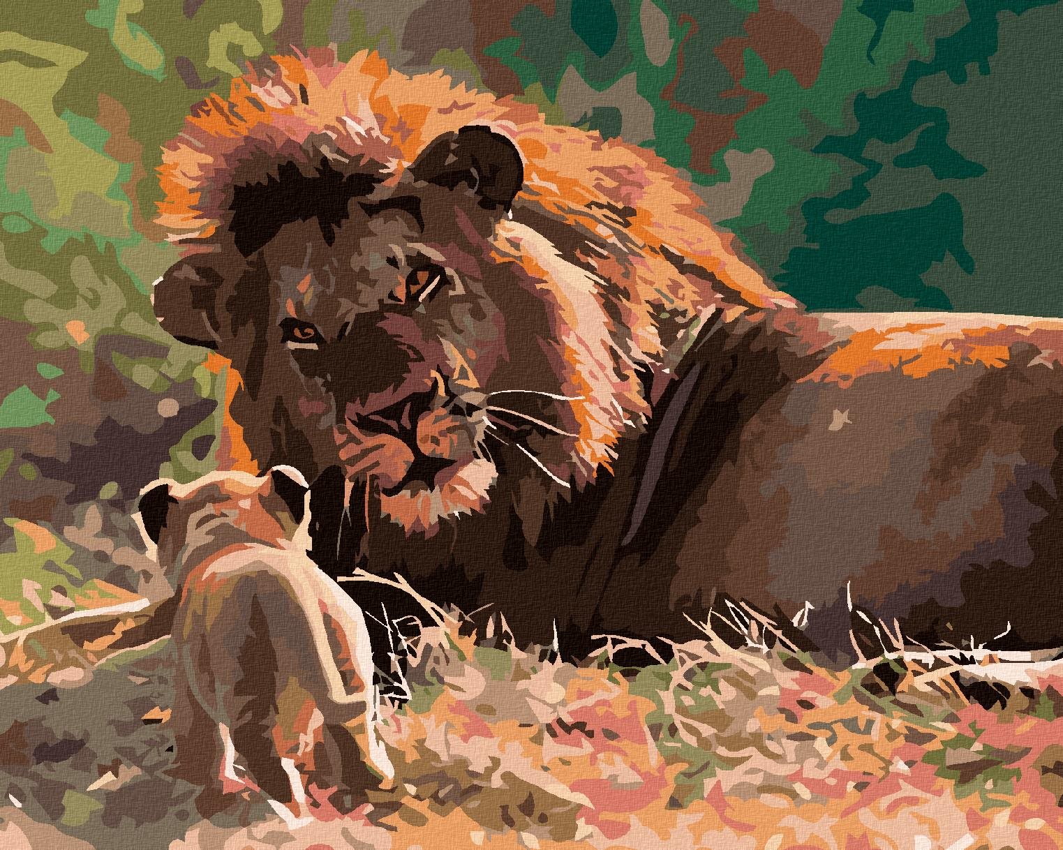 Malování podle čísel - Lev a lvíče, 100x80 cm, bez rámu a bez vypnutí plátna