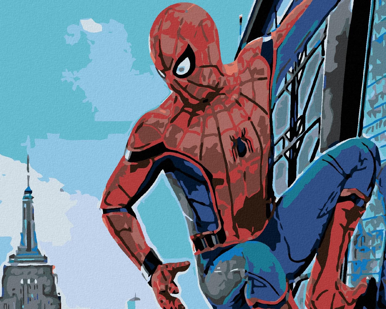 Malování podle čísel - Spiderman ve městě, 100x80 cm, bez rámu a bez vypnutí plátna