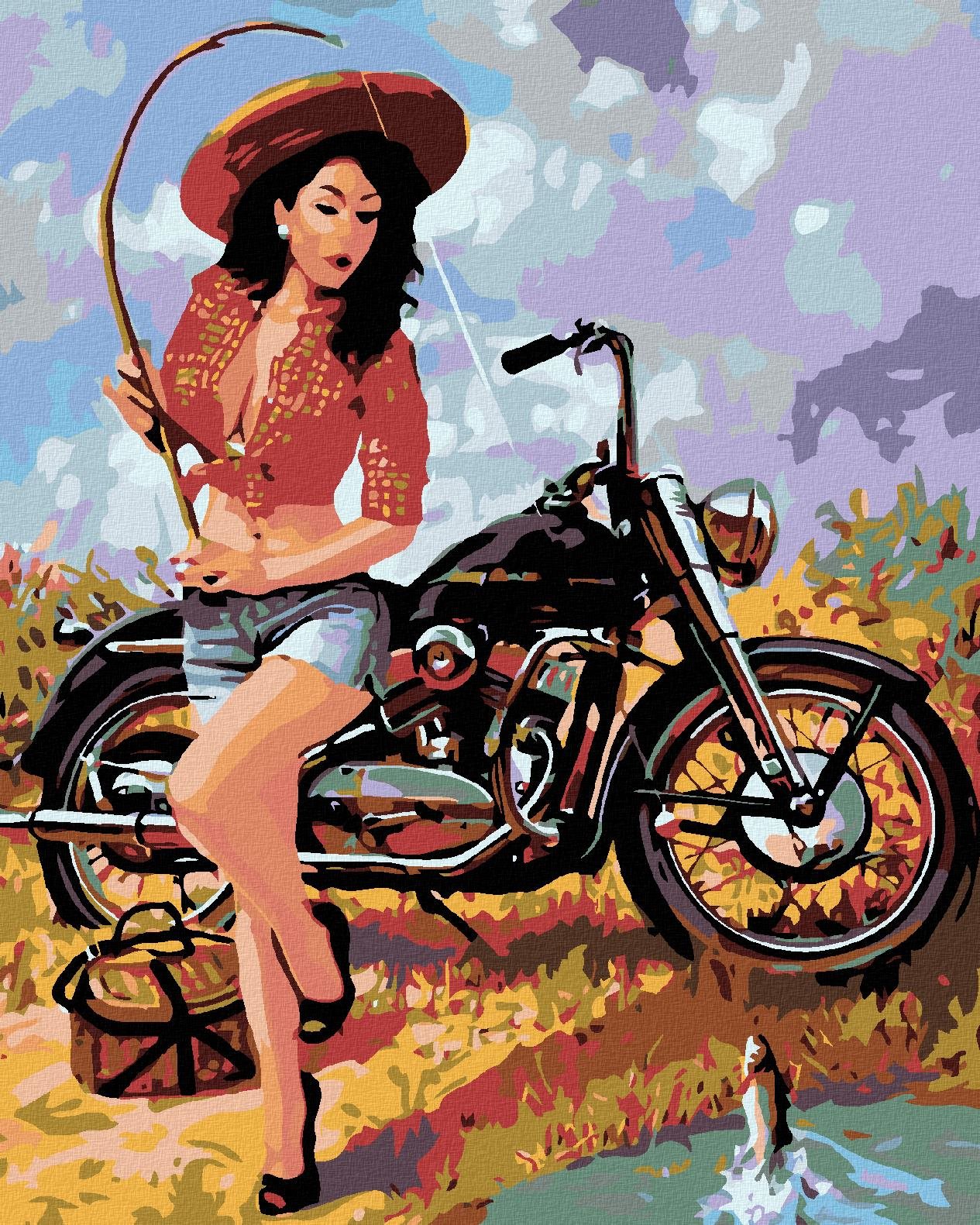 Malování podle čísel - Rybářka s motorkou, 40x50 cm, bez rámu a bez vypnutí plátna