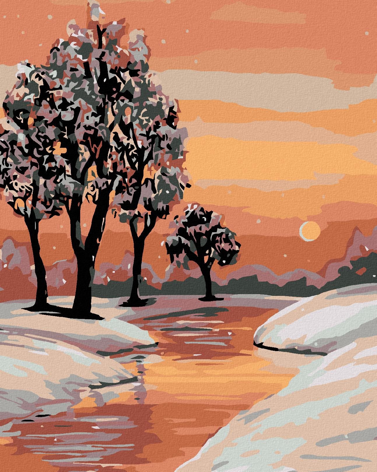 Malování podle čísel - Potok a zimní krajina, 80x100 cm, bez rámu a bez vypnutí plátna