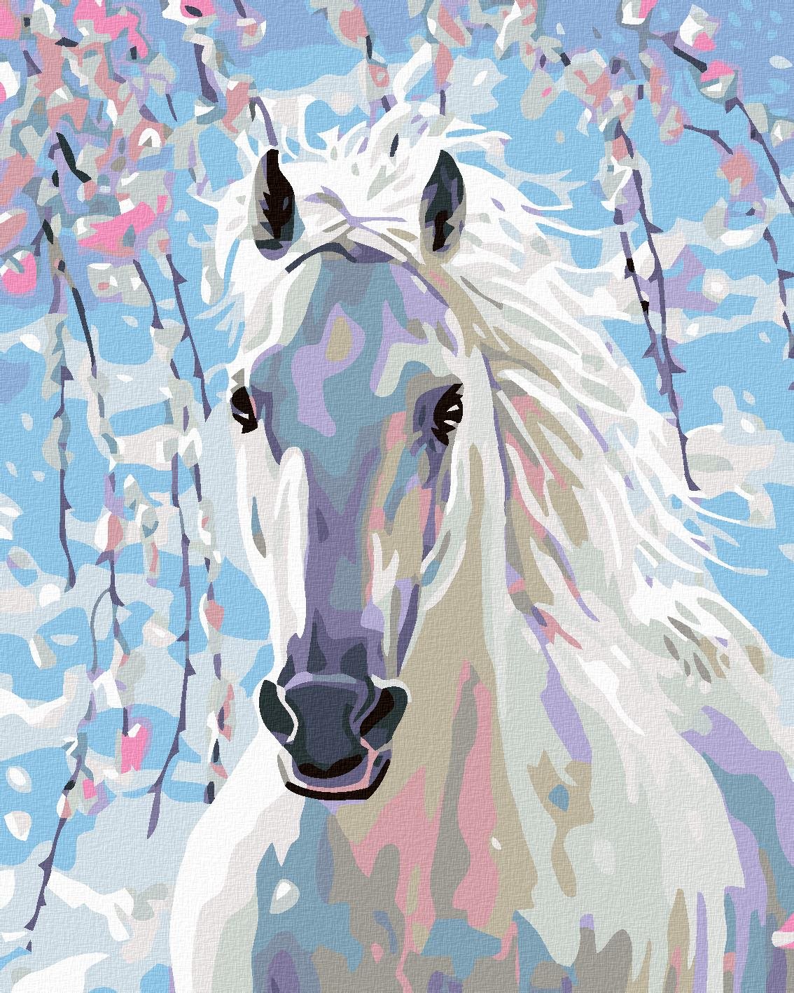 Diamondi - BÍLÝ KŮŇ, 40x50 cm, vypnuté plátno na rám