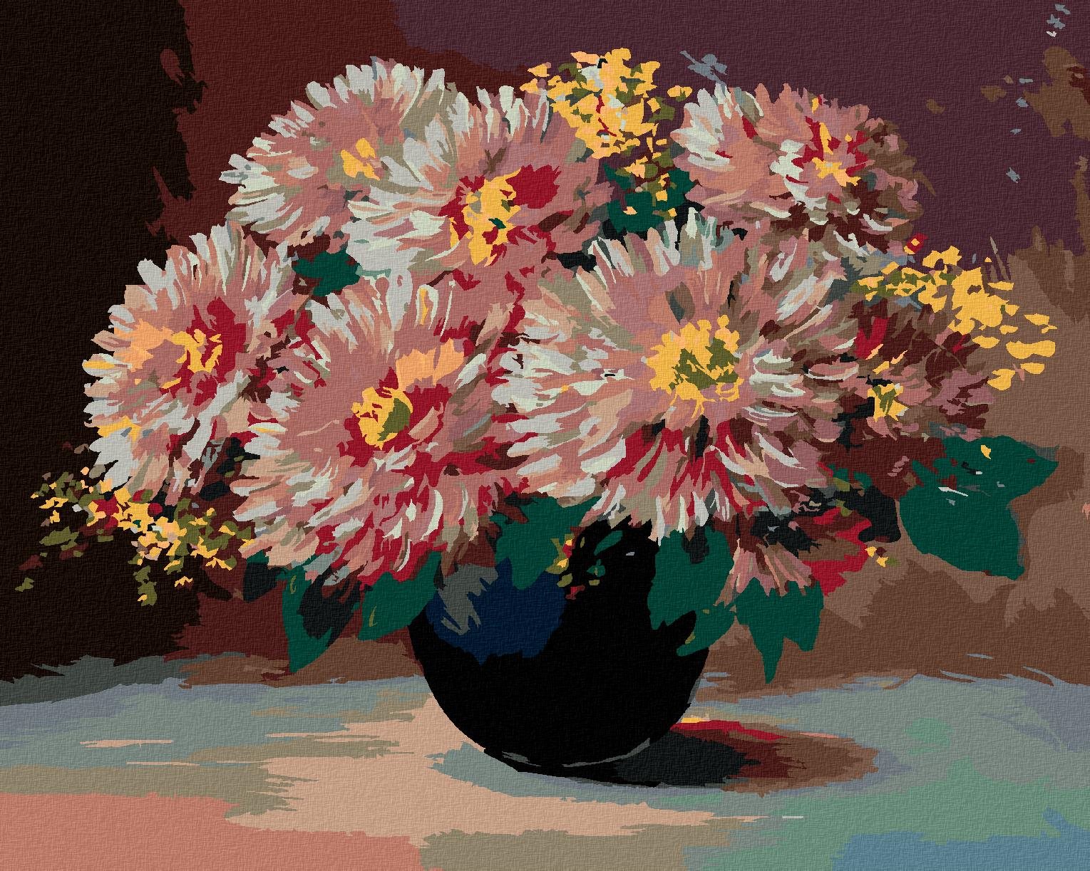 Diamondi - KVĚTINY V ČERNÉ VÁZE, 40x50 cm, vypnuté plátno na rám