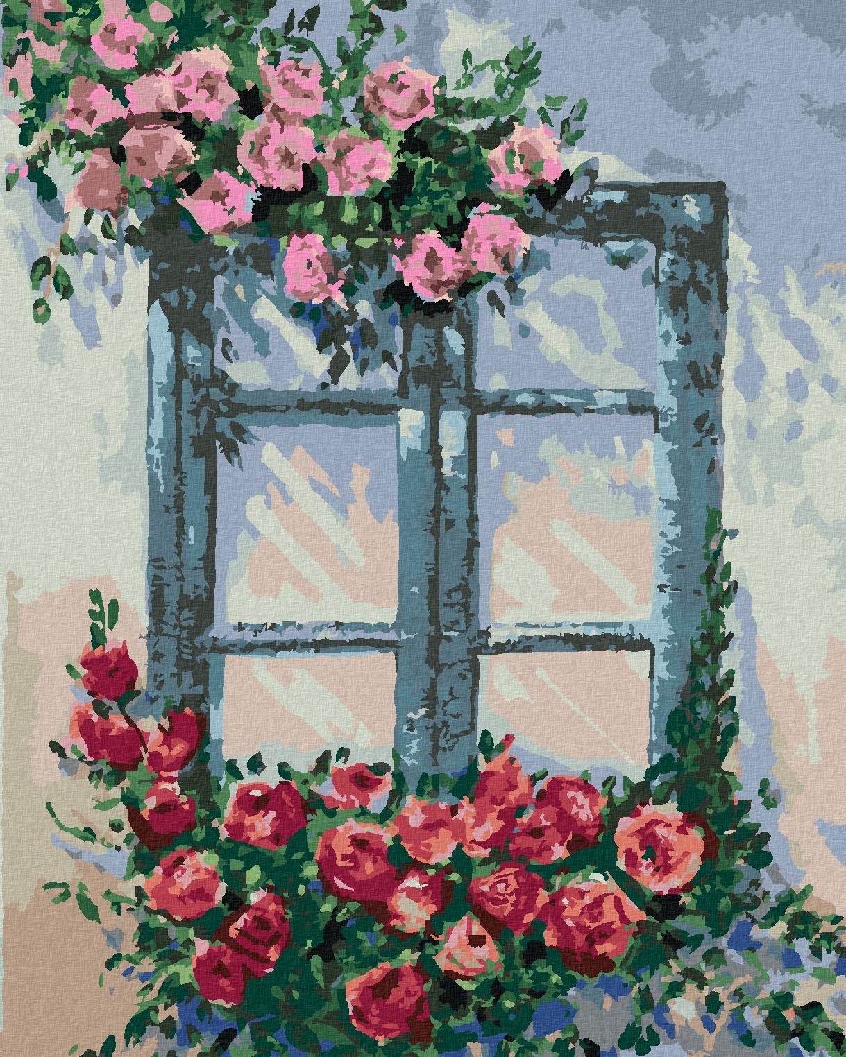 Diamondi - RŮŽE U OKNA, 40x50 cm, vypnuté plátno na rám