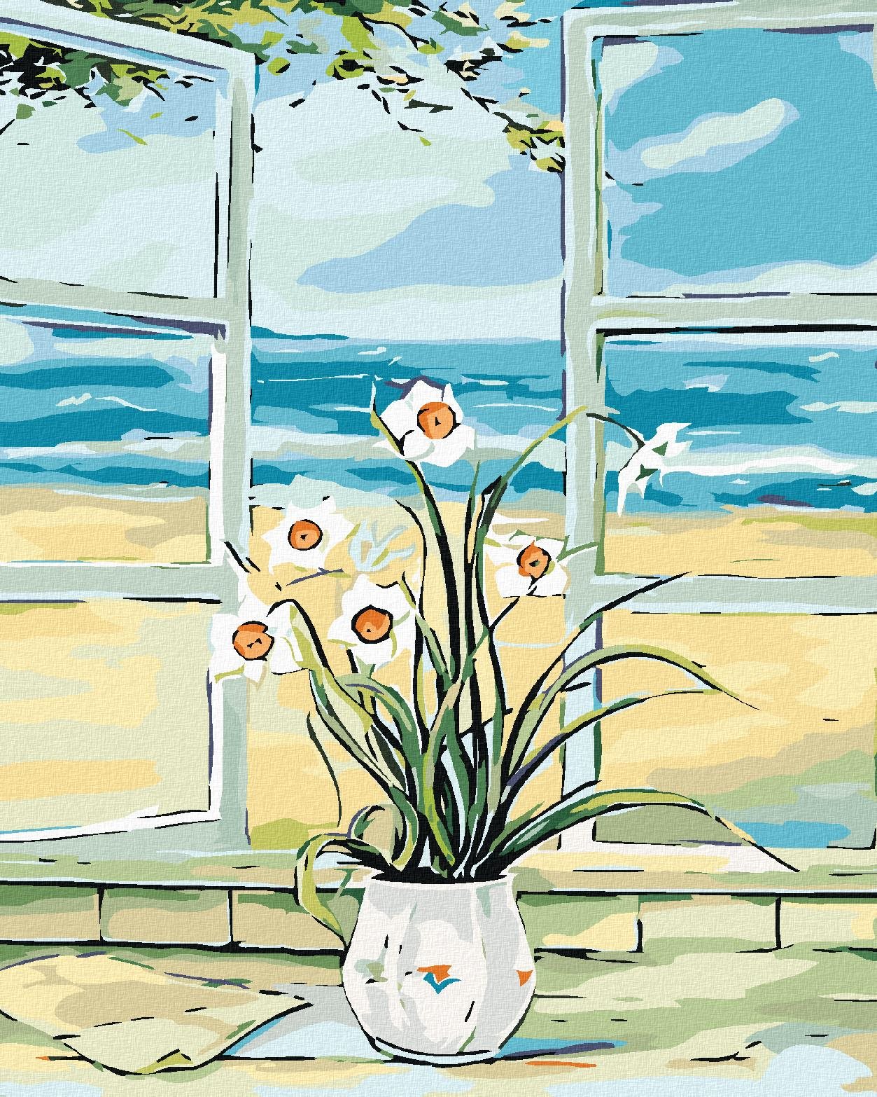 Diamondi - NARCIS V OKNĚ U PLÁŽE, 40x50 cm, vypnuté plátno na rám
