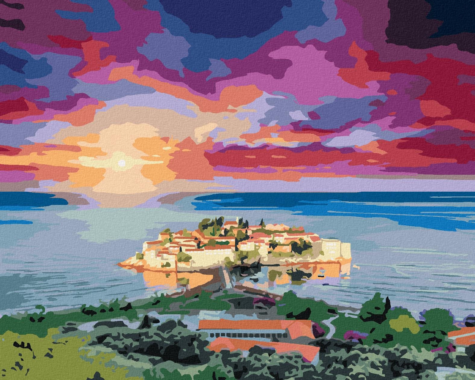 Diamondi - VÝHLED NA SVETI STEFAN, 40x50 cm, vypnuté plátno na rám
