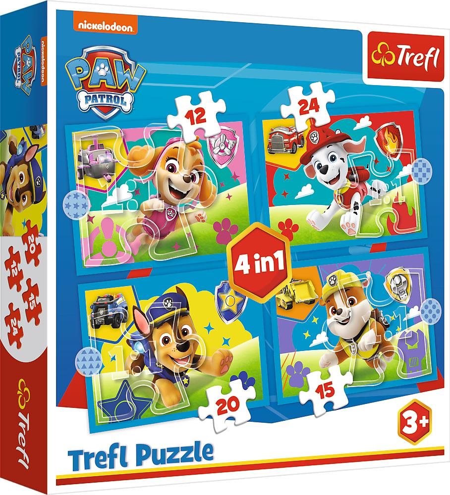 TREFL puzzle Tlapková patrola: Běžící štěňata 4v1 (12, 15, 20, 24 dílků)