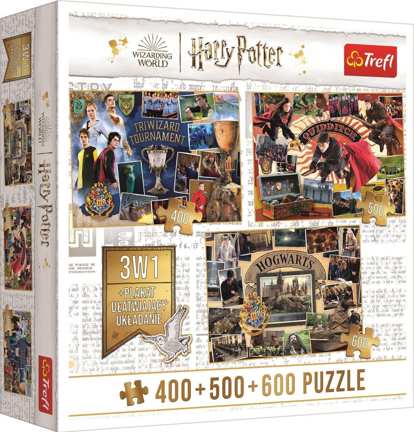 Trefl Puzzle Harry Potter Turnaj tří kouzelníků, Famfrpál a Bradavice 400 + 500 + 600 dílků