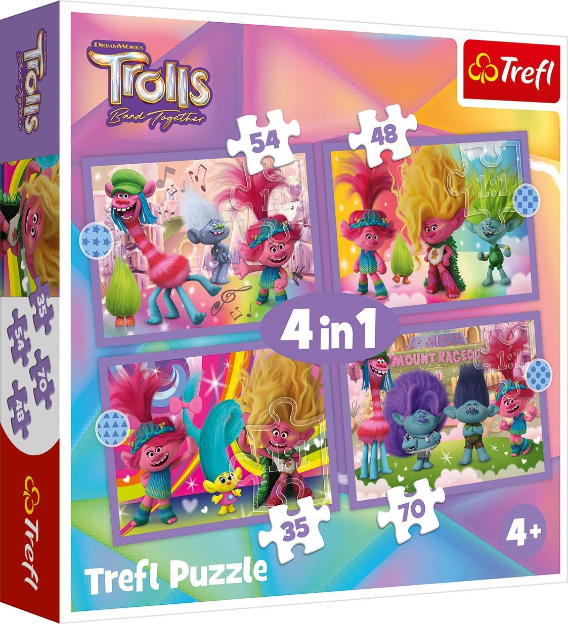 Trefl Puzzle Trollové 3: Barevné dobrodružství 4 v 1 (35, 48, 54, 70 dílků)