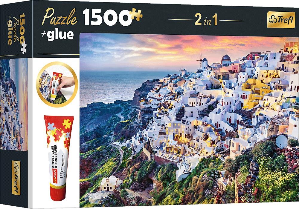 Trefl Sada 2v1 puzzle Nádherný ostrov Santorini, Řecko 1 500 dílků s lepidlem