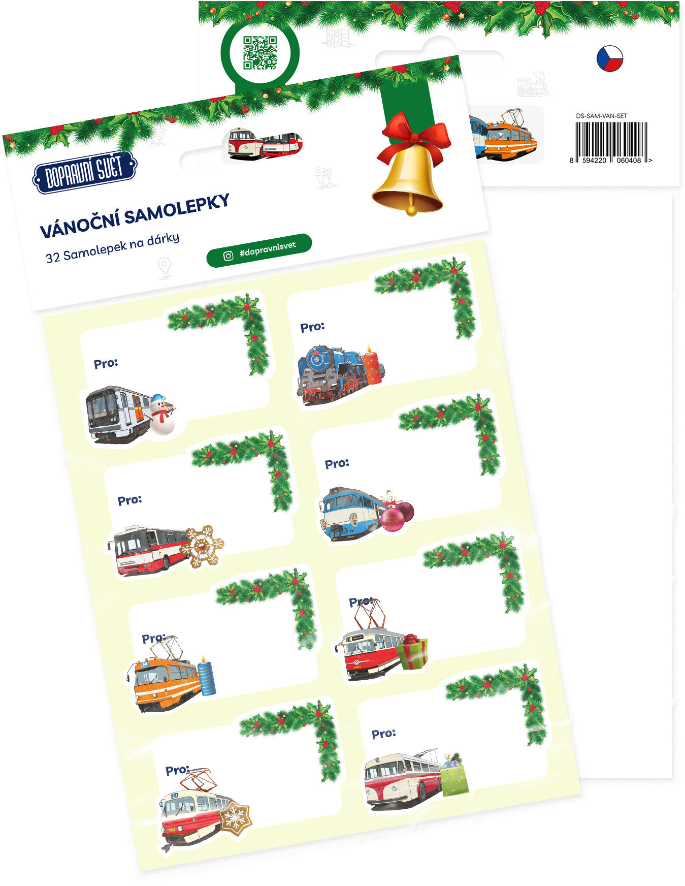 Dopravní svět - Vánoční samolepky, jmenovky na dárky, 32 ks