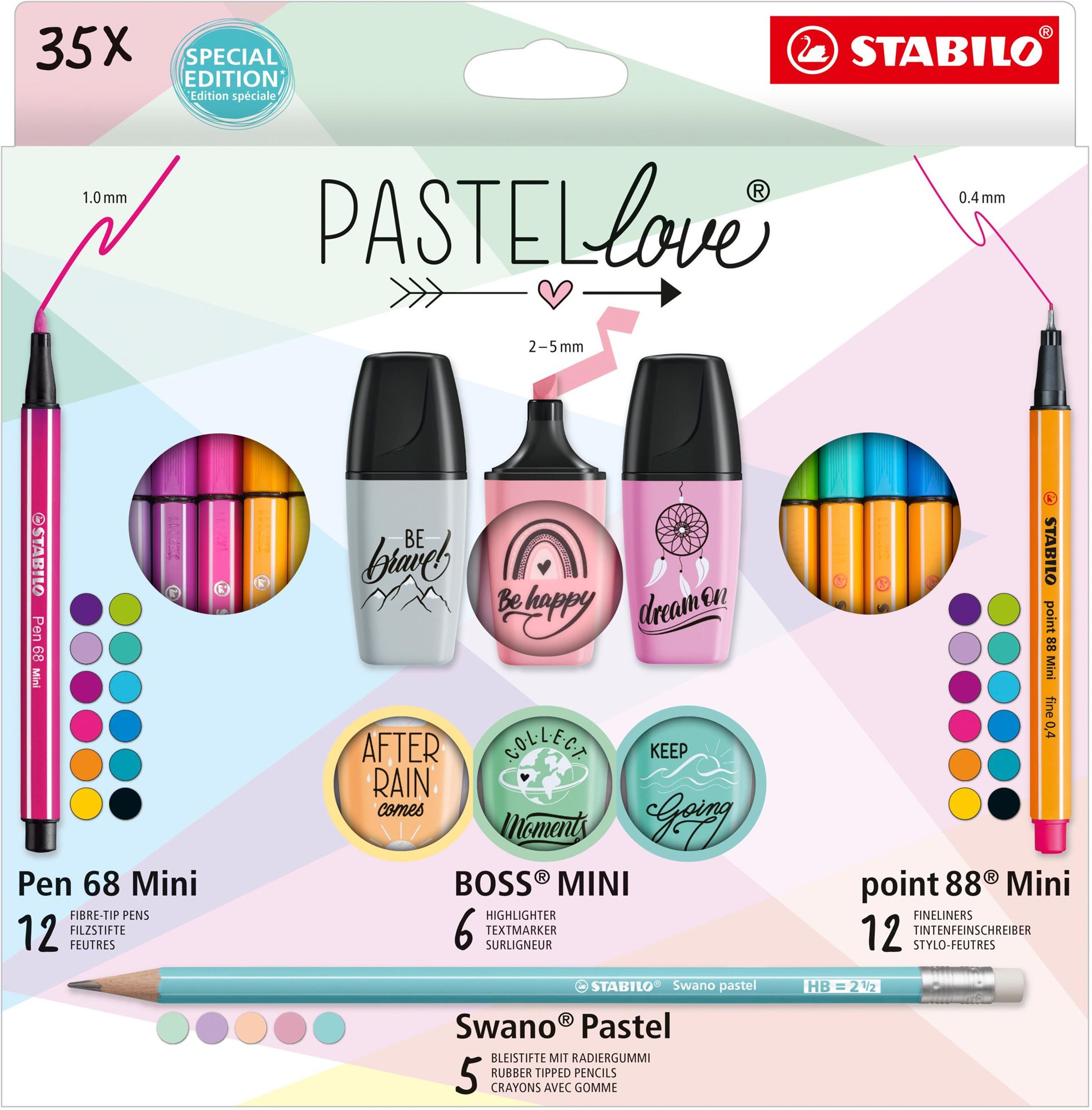 STABILO Pastellove - 35 ks - jemné linery, prémiové vláknové fixy, zvýrazňovače a grafitové tužky