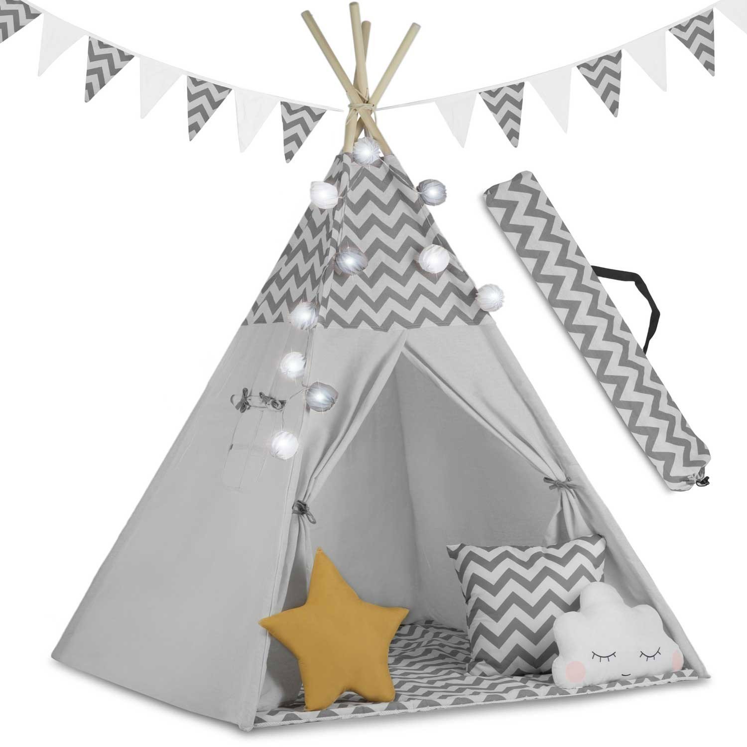 Nukido Dětský stan Tepee se světlem - šedý, 740021