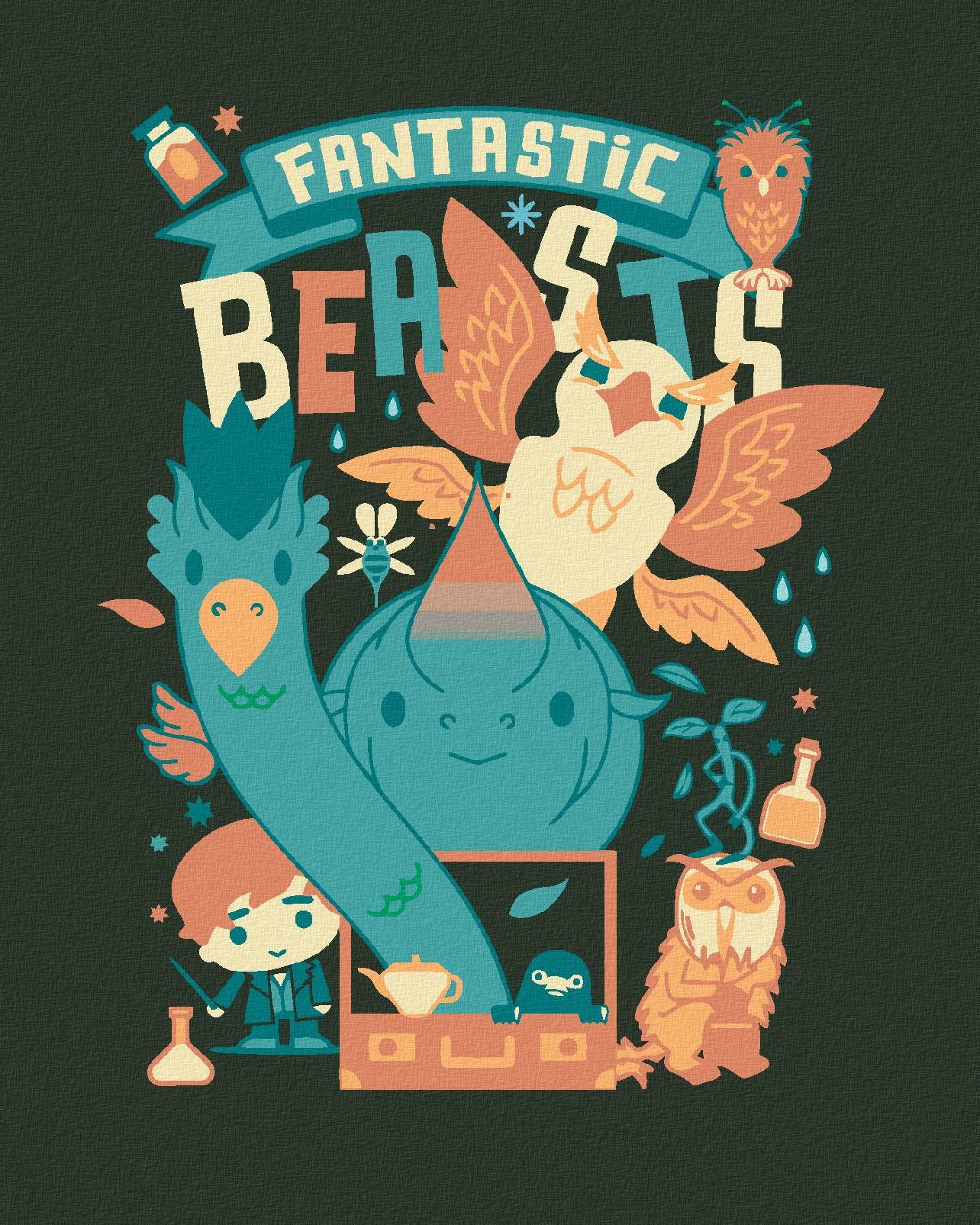 Zuty - Plakát kreslení tvorové a mlok scamander (fantastická zvířata), 40×50 cm, bez rámu a bez vypn