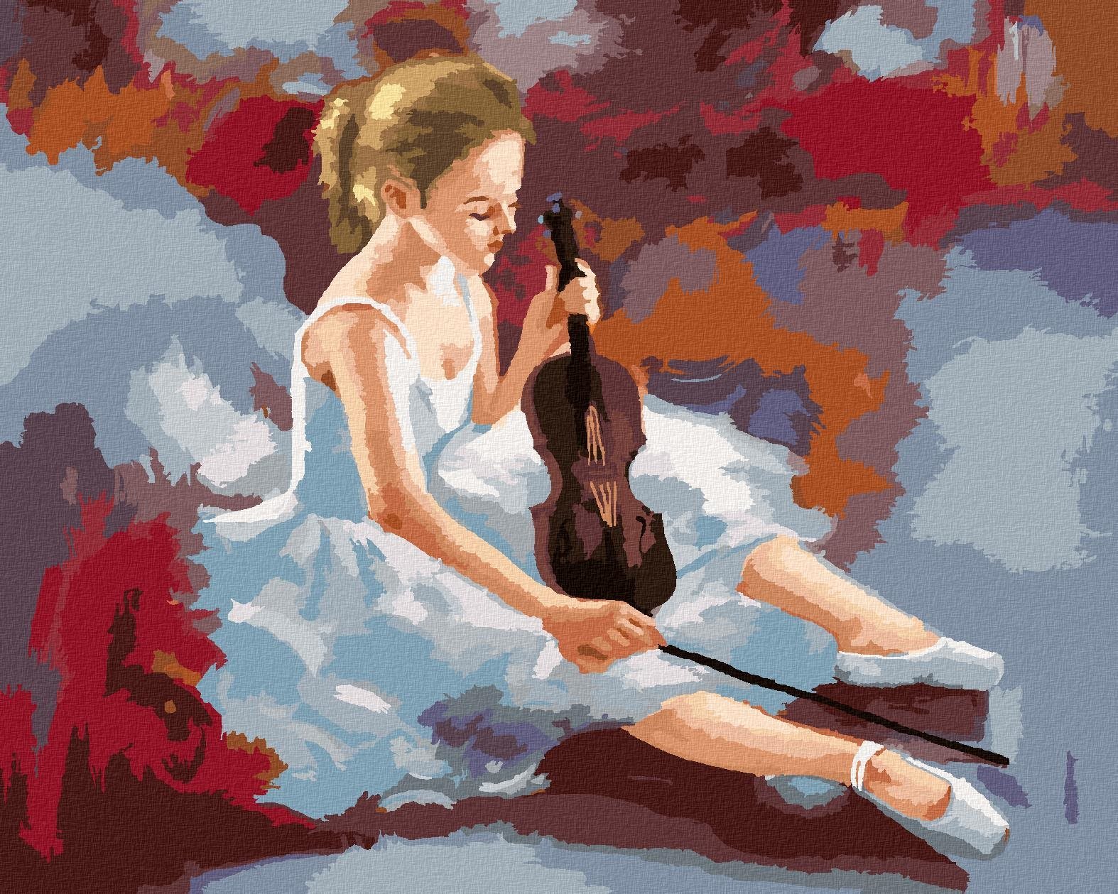 Baletka s houslemi, 40×50 cm, vypnuté plátno na rám
