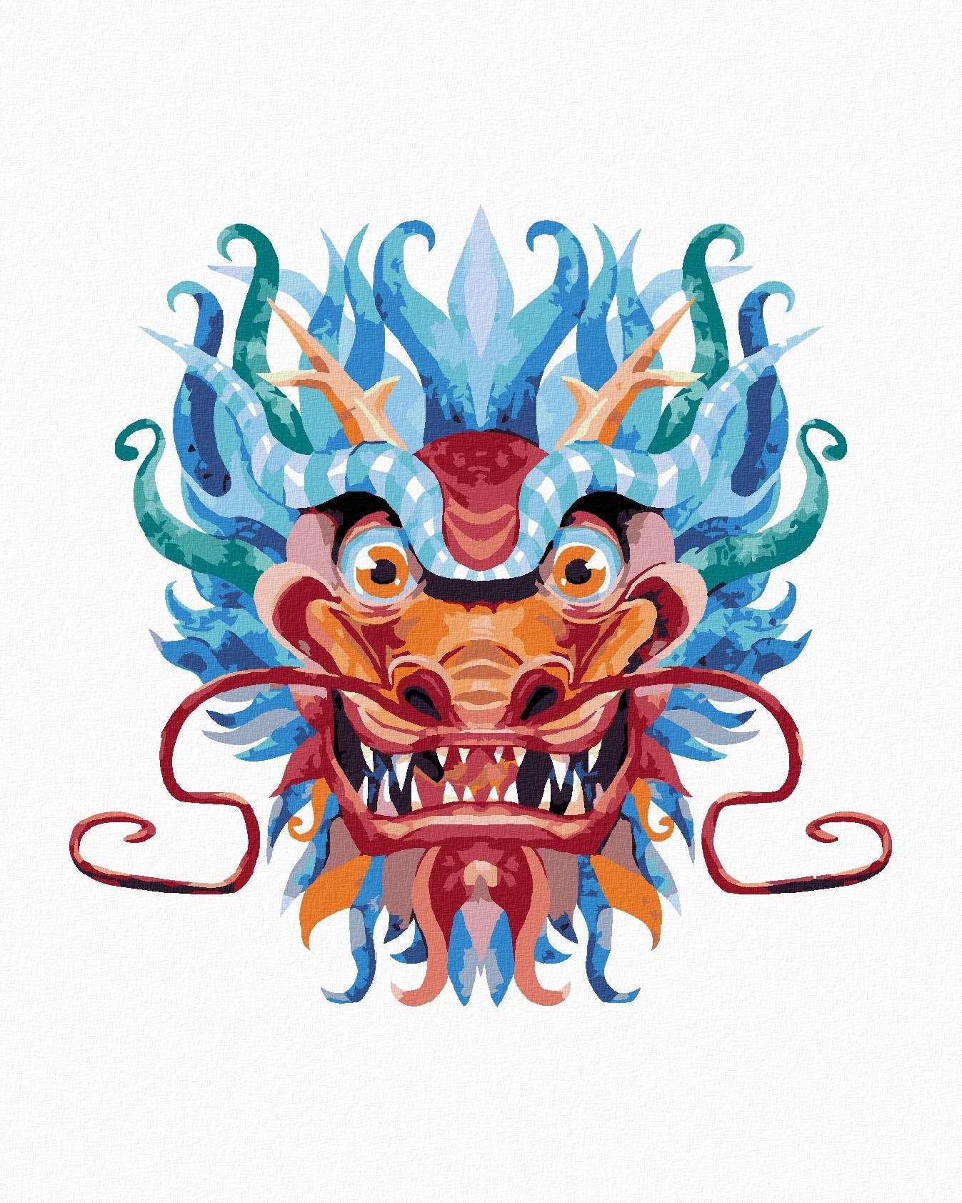 Čínský drak na bílém pozadí, 40×50 cm, vypnuté plátno na rám