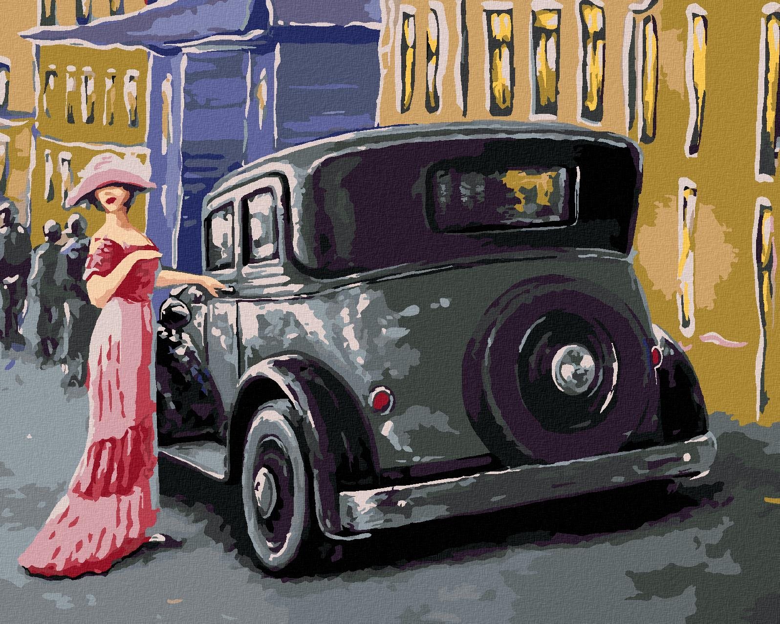 Dáma v růžových šatech u auta, 40×50 cm, vypnuté plátno na rám