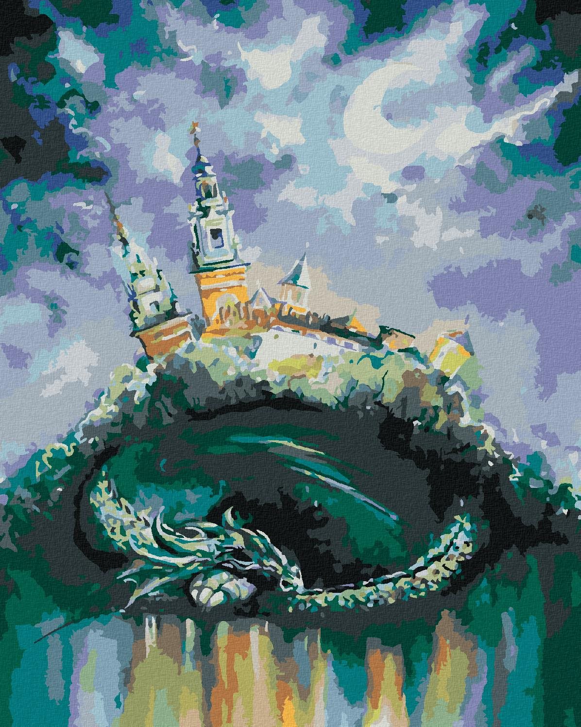 Drak spící pod zámkem, 80×100 cm, vypnuté plátno na rám