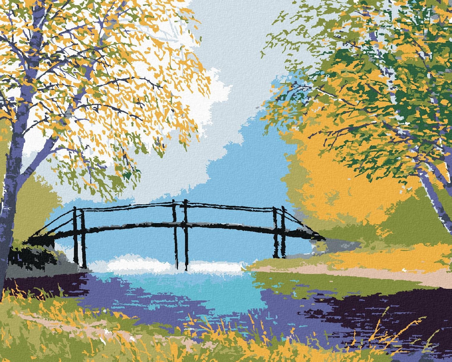 Les s lávkou přes řeku, 40×50 cm, vypnuté plátno na rám