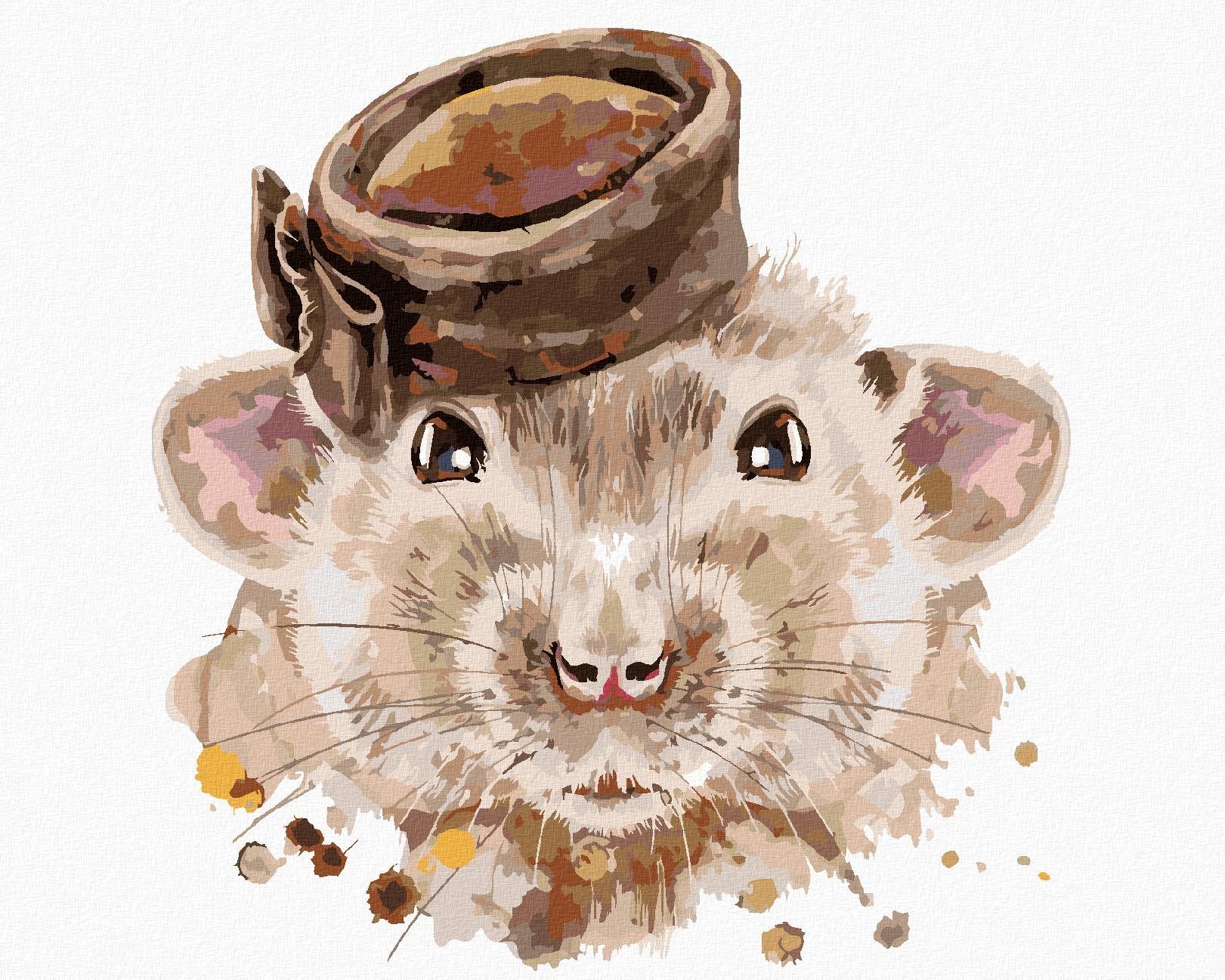 Myška s hnědým kloboukem, 40×50 cm, vypnuté plátno na rám
