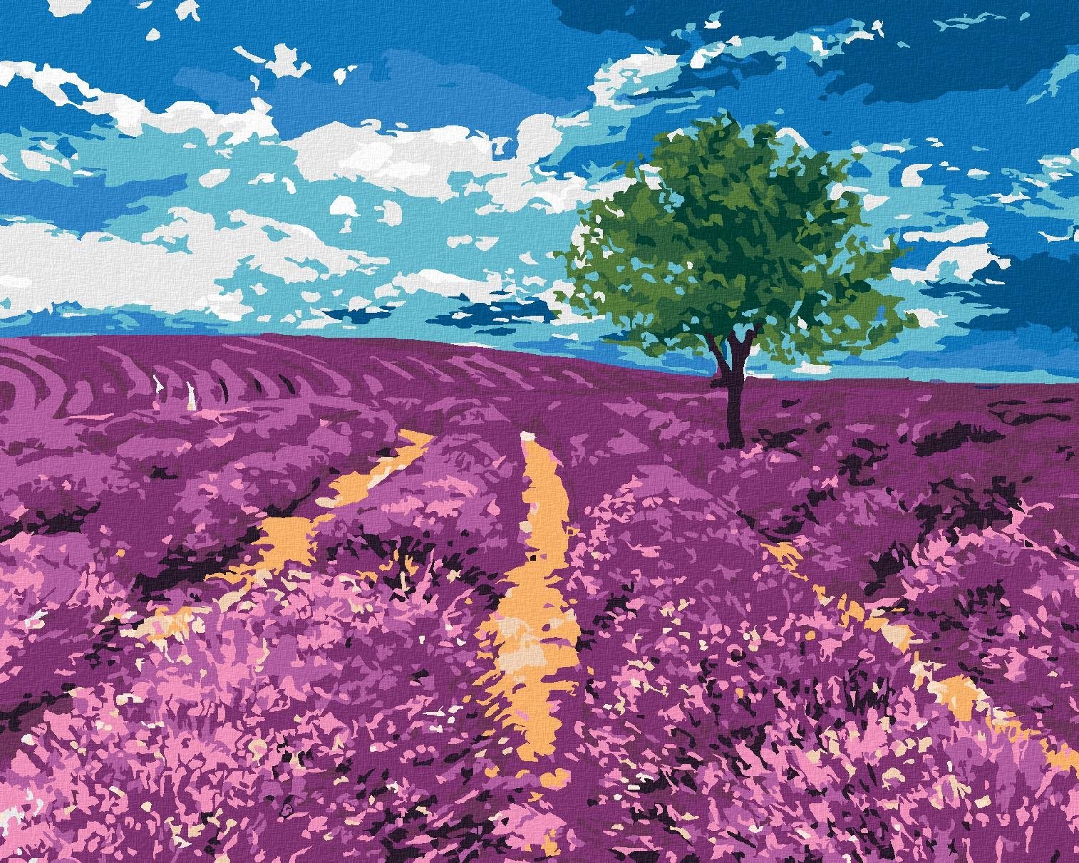 Pole levandulí se stromem, 40×50 cm, vypnuté plátno na rám