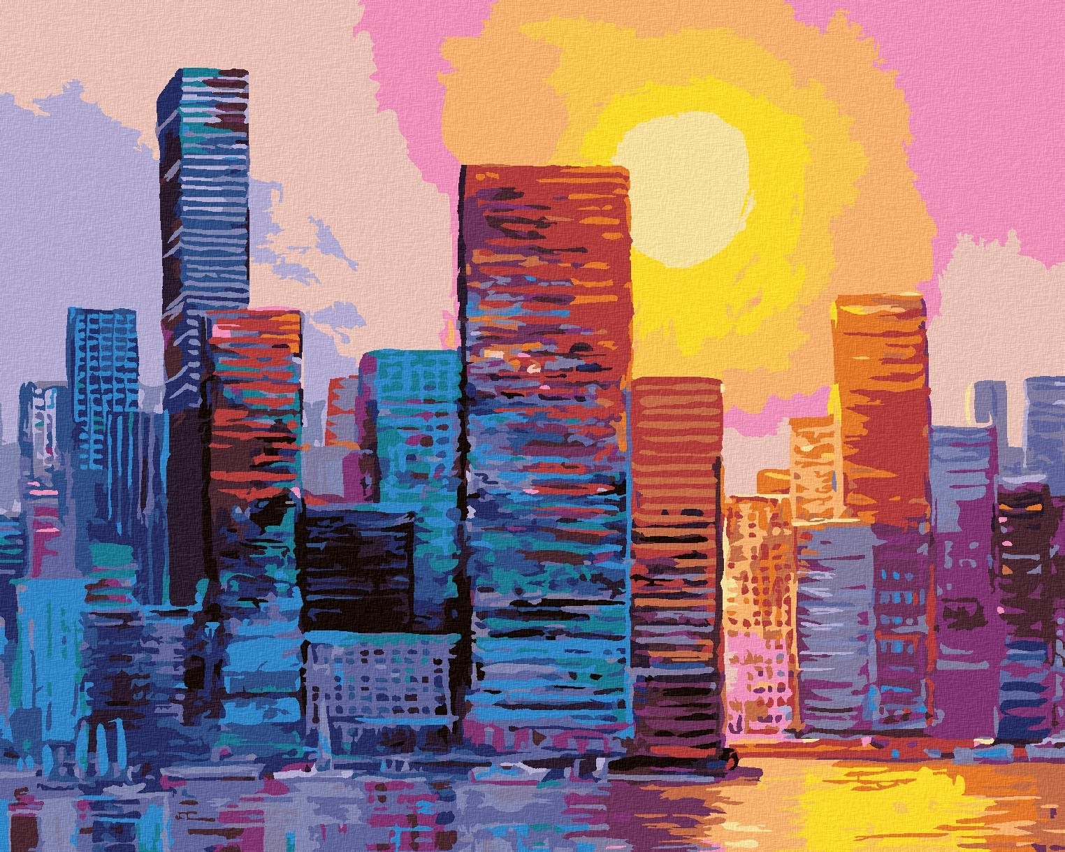 Slunce nad mrakodrapy II, 40×50 cm, vypnuté plátno na rám