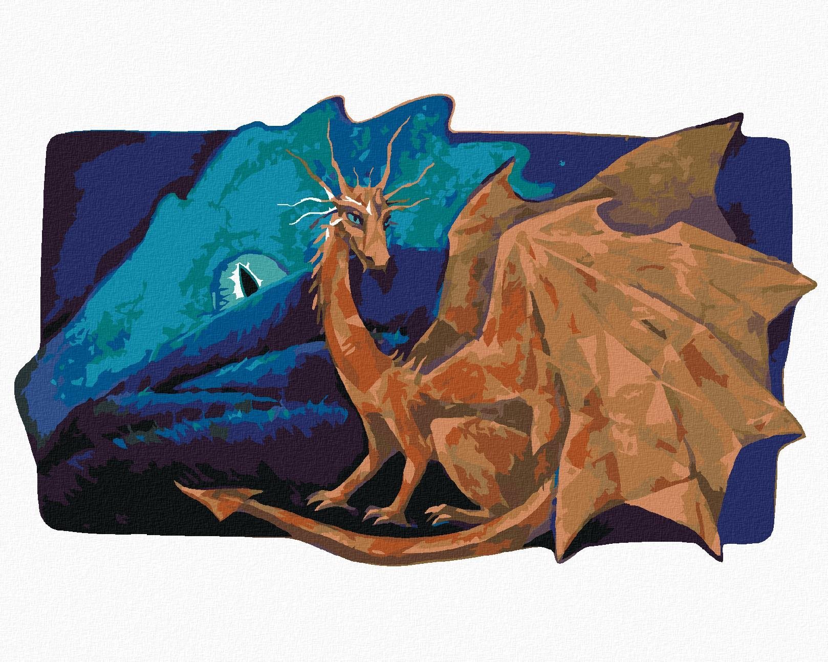 Velký měsíční drak spolu se zlatým drakem, 40×50 cm, bez rámu a bez vypnutí plátna