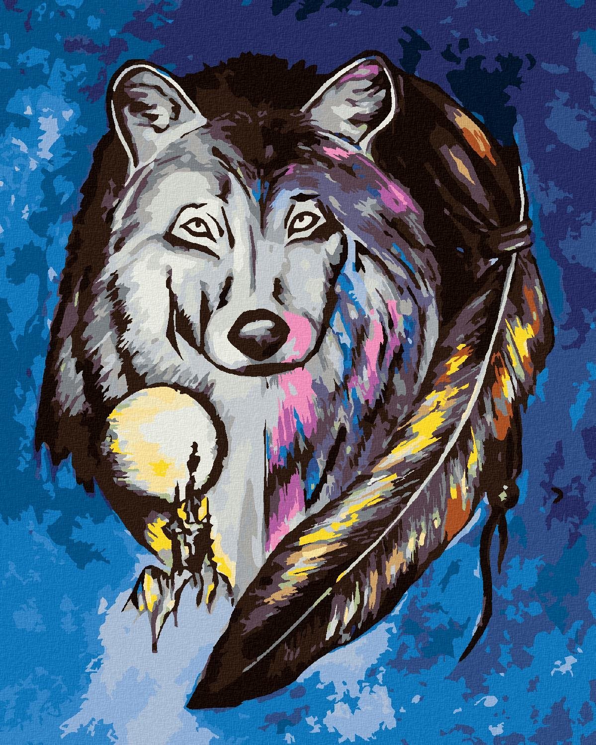 Vlk s amuletovým peřím, 40×50 cm, vypnuté plátno na rám