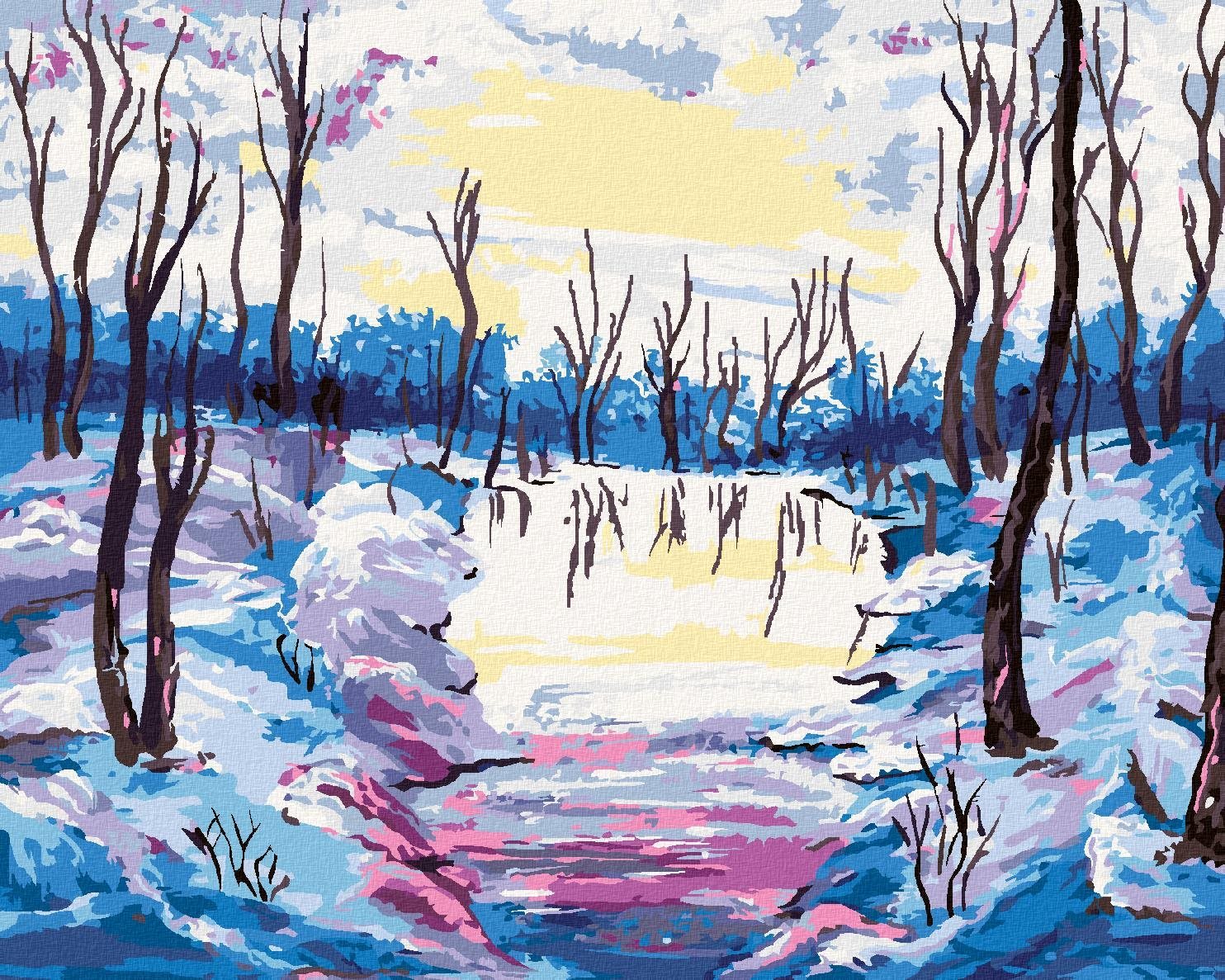 Zimní les s výhledem na řeku, 40×50 cm, vypnuté plátno na rám
