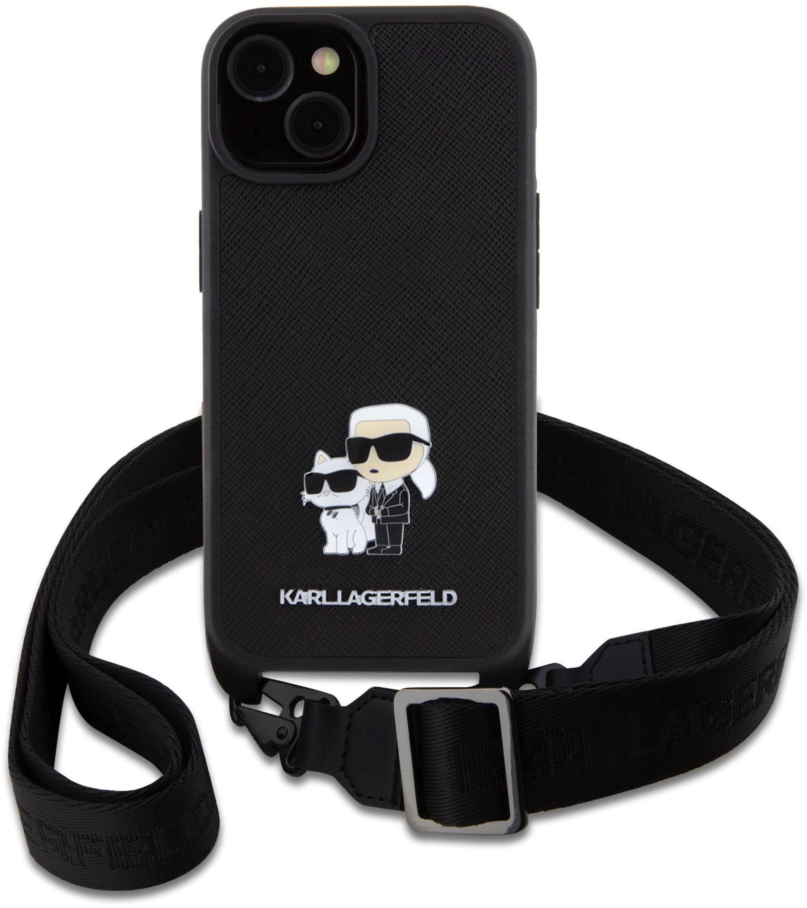 Karl Lagerfeld Saffiano Crossbody Metal Karl and Choupette Zadní Kryt pro iPhone 15 Black