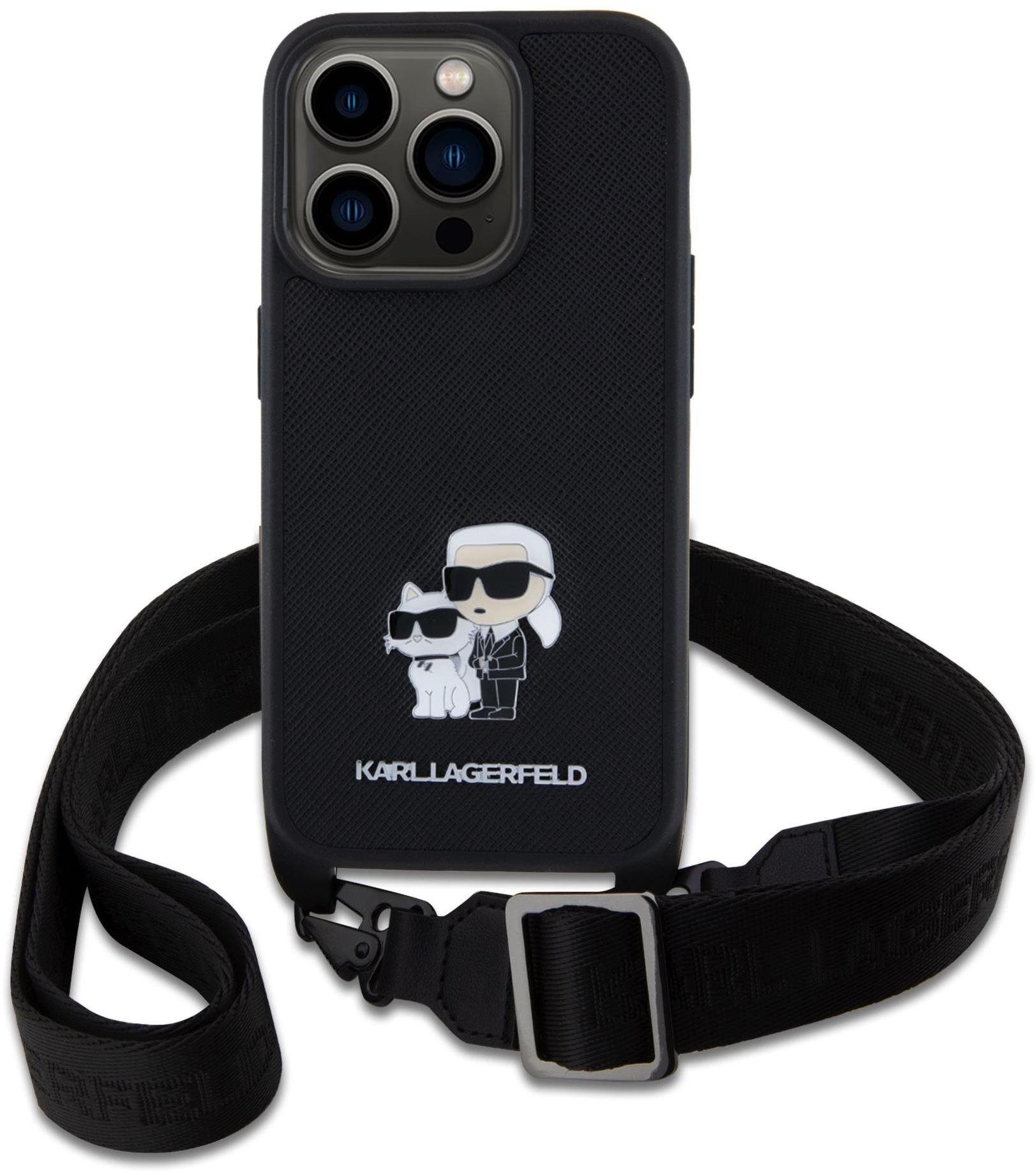 Karl Lagerfeld Saffiano Crossbody Metal Karl and Choupette Zadní Kryt pro iPhone 15 Pro Black