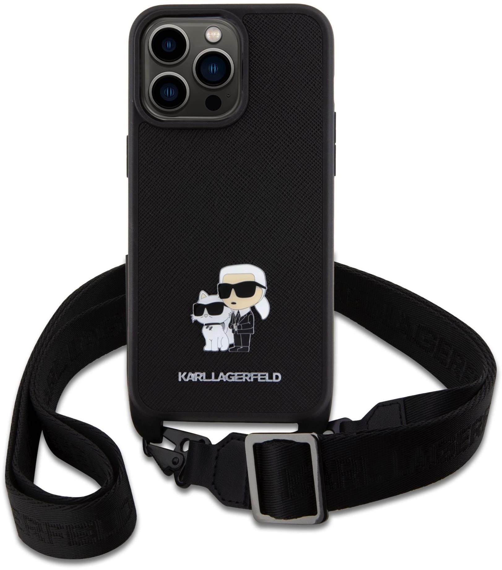 Karl Lagerfeld Saffiano Crossbody Metal Karl and Choupette Zadní Kryt pro iPhone 15 Pro Max Black