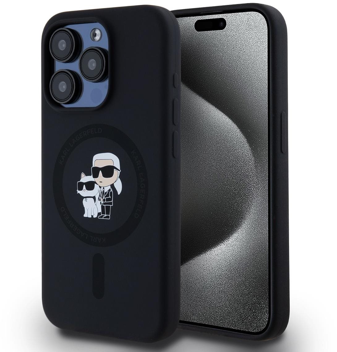 Karl Lagerfeld Liquid Silicone Karl and Choupette MagSafe Zadní Kryt pro iPhone 15 Pro Black
