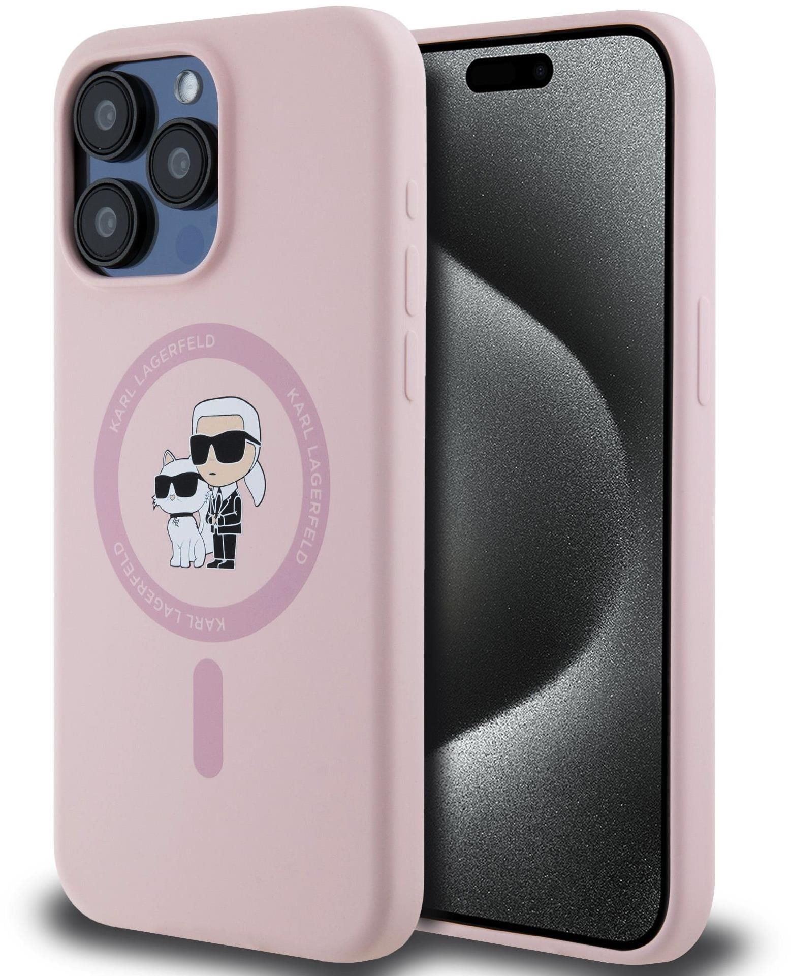 Karl Lagerfeld Liquid Silicone Karl and Choupette MagSafe Zadní Kryt pro iPhone 15 Pro Max Pink