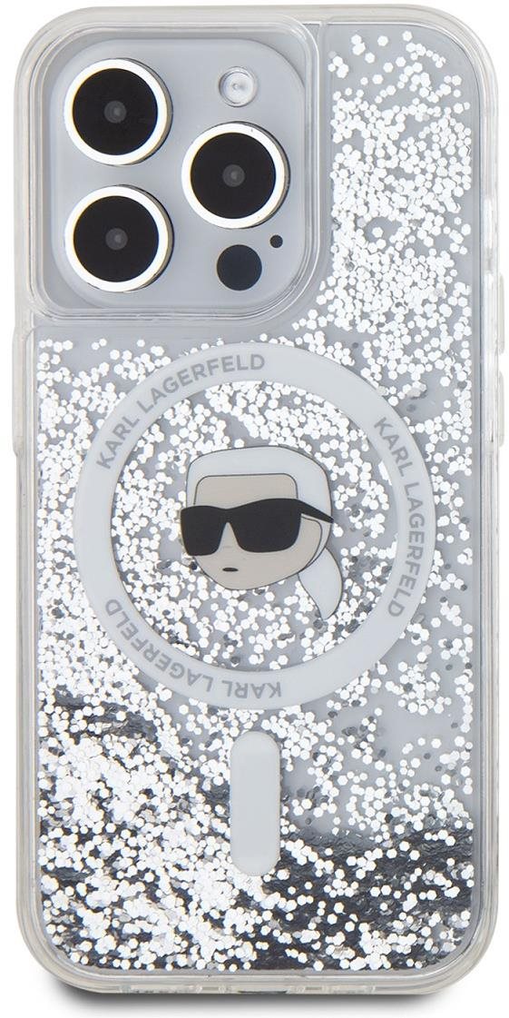 Karl Lagerfeld Liquid Glitter Karl Head MagSafe Zadní Kryt pro iPhone 15 Pro Transparent