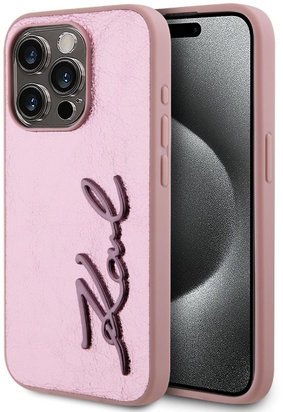 Karl Lagerfeld Wrinkled PU Signature Logo Zadní Kryt pro iPhone 15 Pro Pink