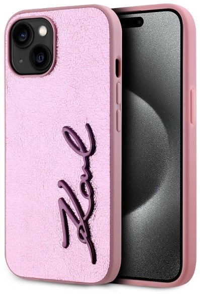 Karl Lagerfeld Wrinkled PU Signature Logo Zadní Kryt pro iPhone 15 Pink