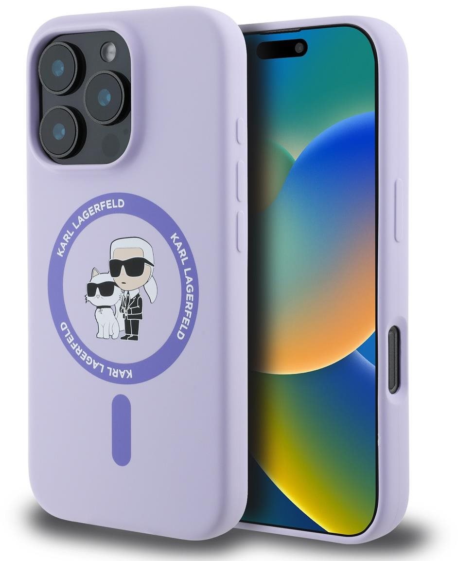 Karl Lagerfeld Liquid Silicone Karl and Choupette MagSafe Zadní Kryt pro iPhone 16 Pro Purple